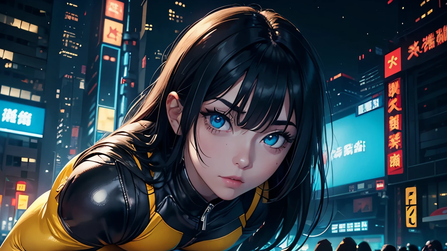 4K, A high resolution, Best quality at best, masterpiece, perfect colors, perfect shadow, perfect litthing, ((sportrait)), 1woman, fit-muscled body, bright yellow eyes,dark blue hair , blue eyes, With round lenses, The audience watched carefully, (s face: 1.2), Perfect female figure, ((standing)), ((yellow Tight crop top leather suit)), ((shy and looking at viewert)), (Perfect thick white eyebrows) Delicate fur, 详细s face, s the perfect face, At a fantasy cyberpunk city , (model pose standing), energetic background, perfect city skyscape, lighting atmosphere, ((Bonifasko lighting)), (The round lenses on his eyes)(詳細な目), Perfect student, face close up