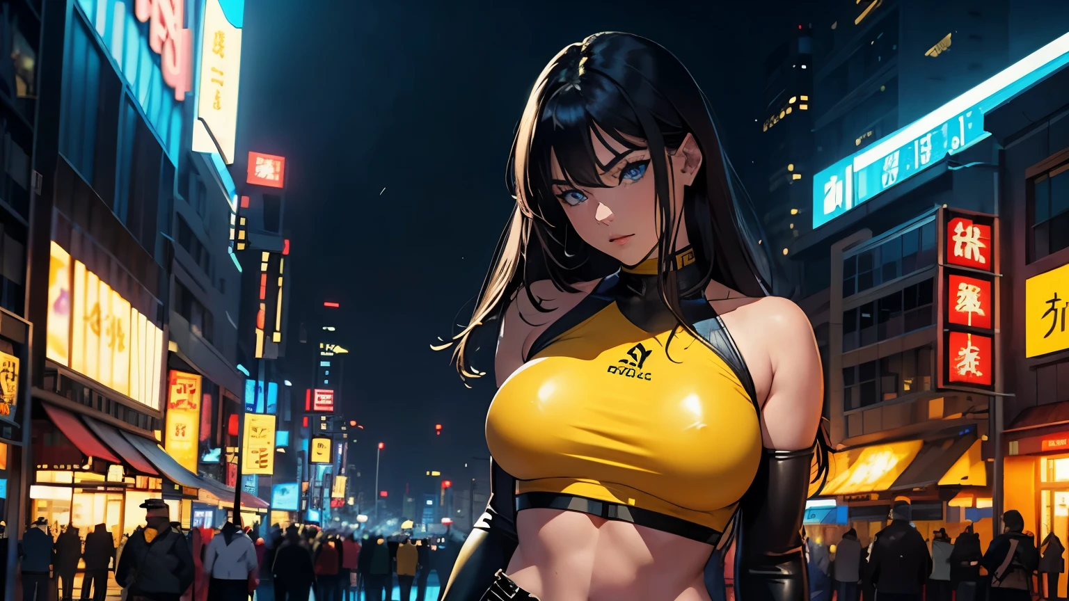 4K, A high resolution, Best quality at best, masterpiece, perfect colors, perfect shadow, perfect litthing, ((sportrait)), 1woman, fit-muscled body, bright yellow eyes，dark blue hair , blue eyes, With round lenses, The audience watched carefully, (s face: 1.2), Perfect female figure, ((standing)),  ((yellow Tight crop top leather suit)), ((shy and looking at viewert)), (Perfect thick white eyebrows) Delicate fur, 详细s face, s the perfect face, At a  fantasy cyberpunk city , (model pose standing), energetic background, perfect  city skyscape,  lighting atmosphere, ((Bonifasko lighting)), (The round lenses on his eyes)(詳細な目), Perfect student, face close up