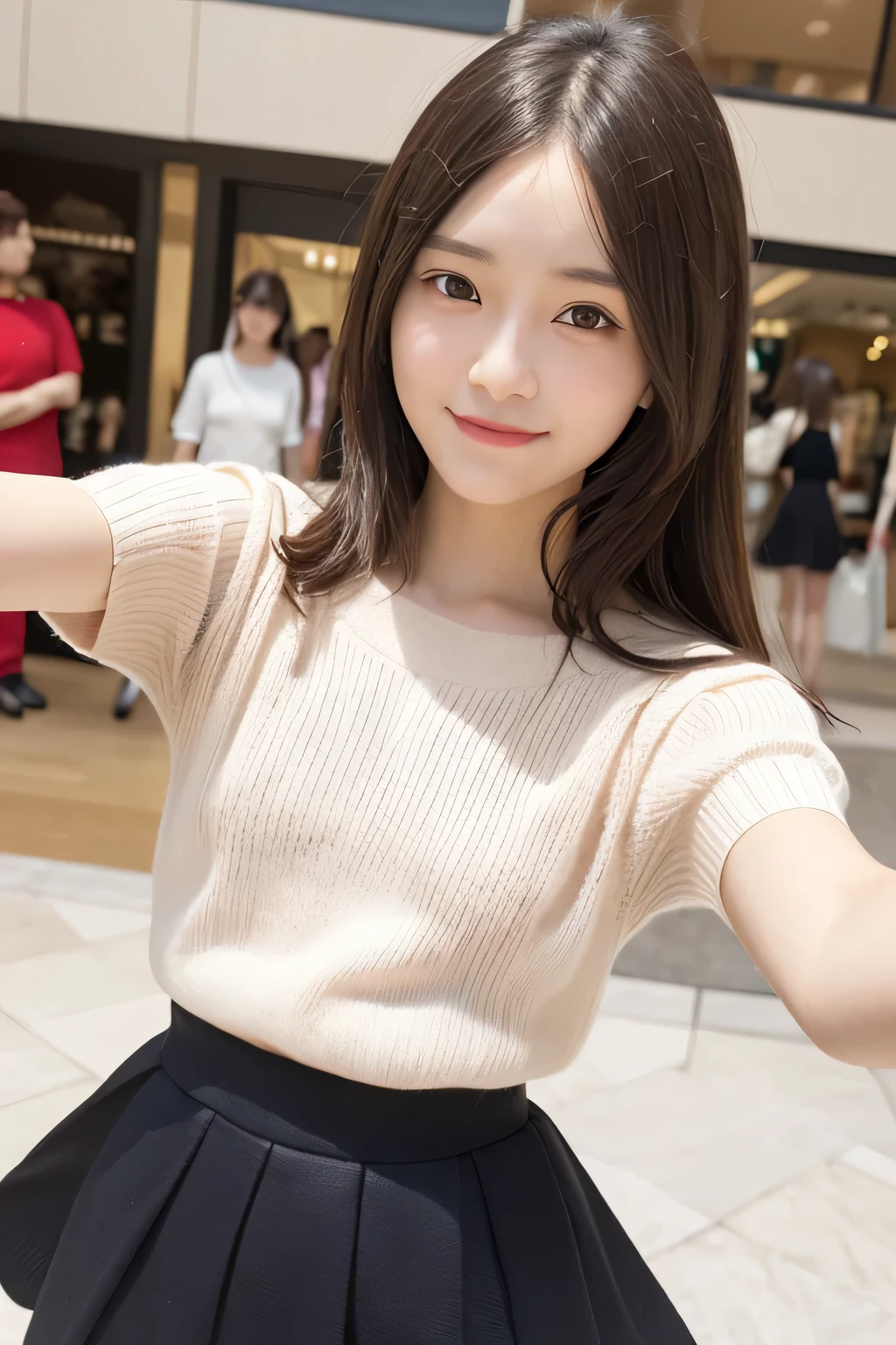 pieces fly、masterpiece、highest quality、Super detailed、High resolution、High resolution、8K portrait、unity 8k wallpaper、Detailed CG、unity 8k wallpaper、Detailed CGユニティ8kの壁紙、realistic、real person、portrait photography、shiny skin、(20-year-old:1.2)、(cute:1.2)、High resolution、beautiful clear eyes、very detailed explanation、delicate face、cute face、nice lips、thin waist、thin legs、(eight-headed body:1.4)、1 girl、(Shopping mall:1.2)、(flat chest:1.4)、(Short sleeve sweater:1.3)、(pleated skirt:1.3)、(big smile:1.2)、(Self snap:1.6)、(small face:1.4)、(No bra:1.4)