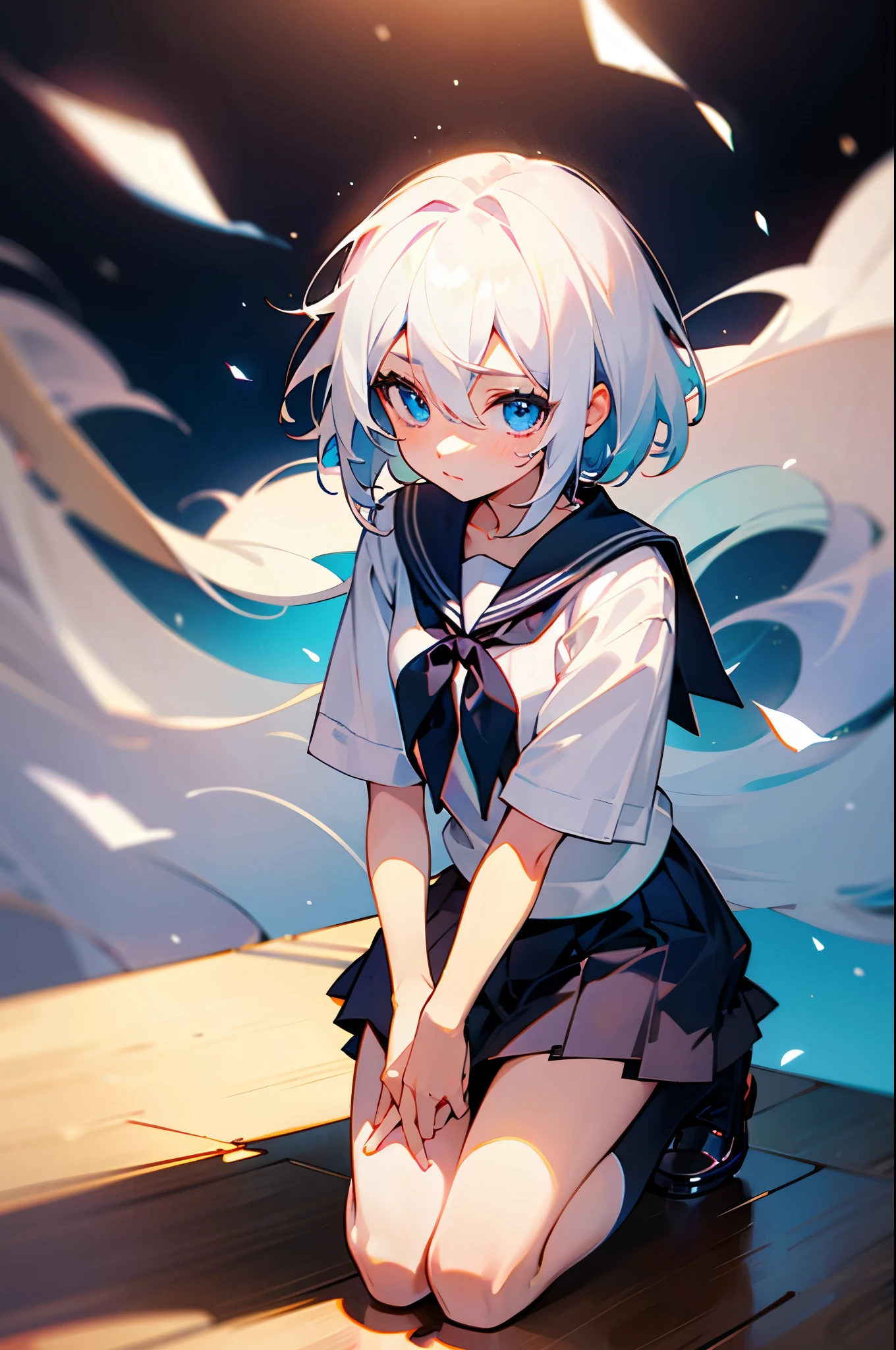 agirl,white hair,medium hair,blue eyes,hair between eyes,serafuku,kneeling,***********