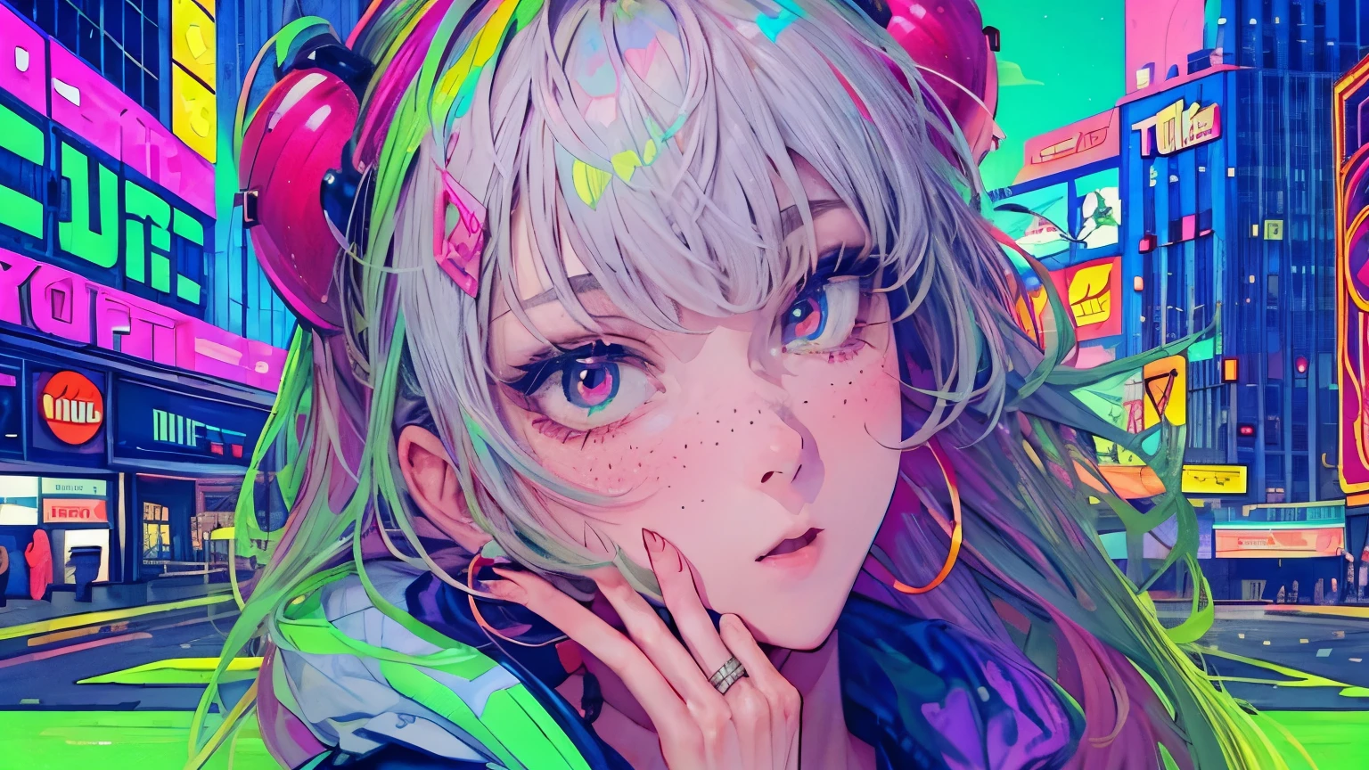 best quality, 4K wallpaper, masterpiece, extremely detailed CG unity 8k wallpaper, extremely detailed eyes, ultra-detailed, intricate details, face close up 1 happy girl in center, "no hand" retro art style, neon_pop art style, public, outdoors, road sign, city, people