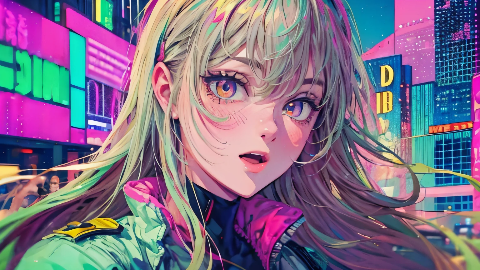 best quality, 4K wallpaper, masterpiece, extremely detailed CG unity 8k wallpaper, extremely detailed eyes, ultra-detailed, intricate details, face close up 1 happy girl in center, "no hand" retro art style, neon_pop art style, public, outdoors, road sign, city, people