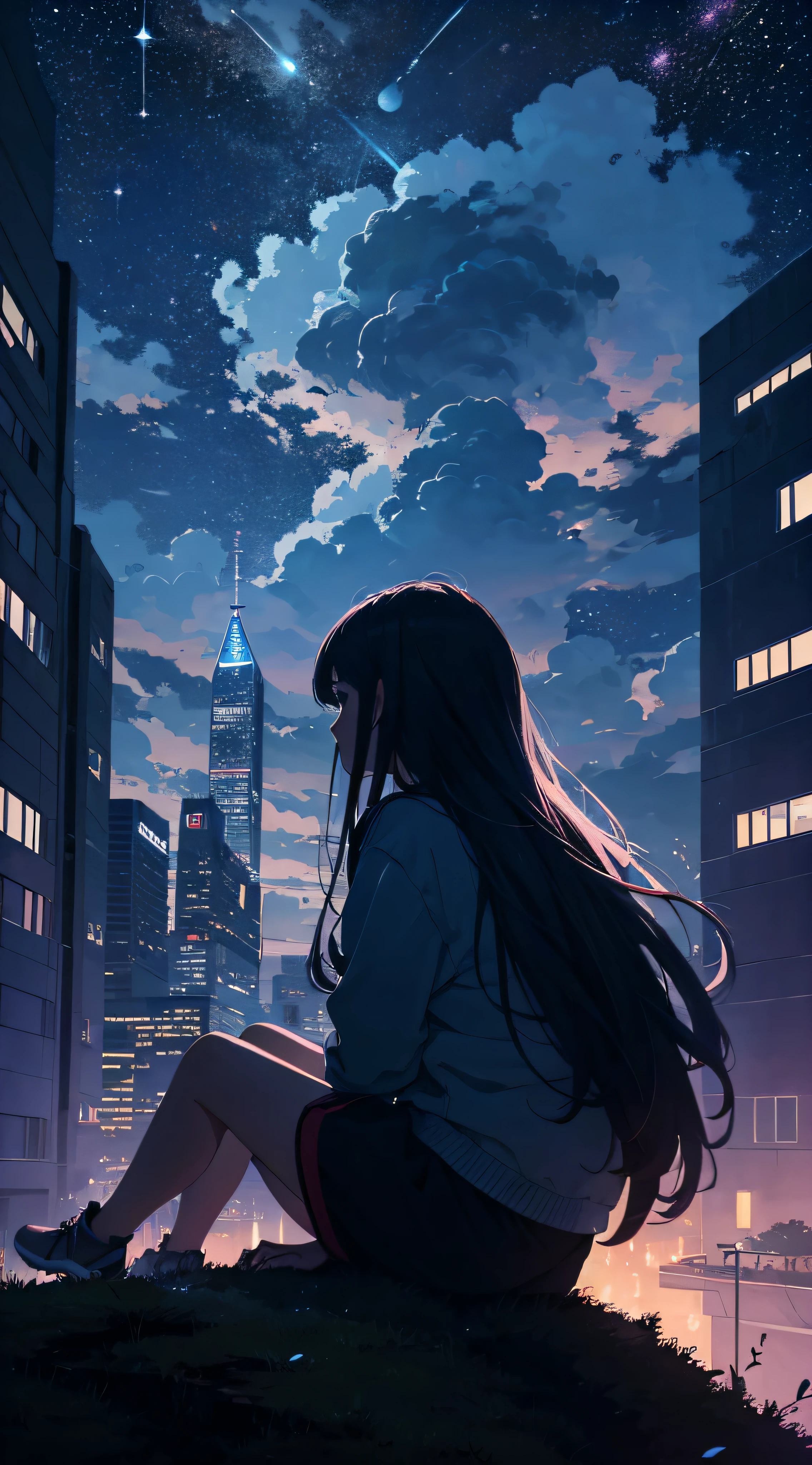 octanos, sky, estrela (sky), scenario, estrelary sky, noite, 1 garota, noite sky, Sozinho, ao ar livre, building, Nuvem, Milky Way, sentado, tree, Cabelo longo, CIDADE, silhueta, CIDADEscape