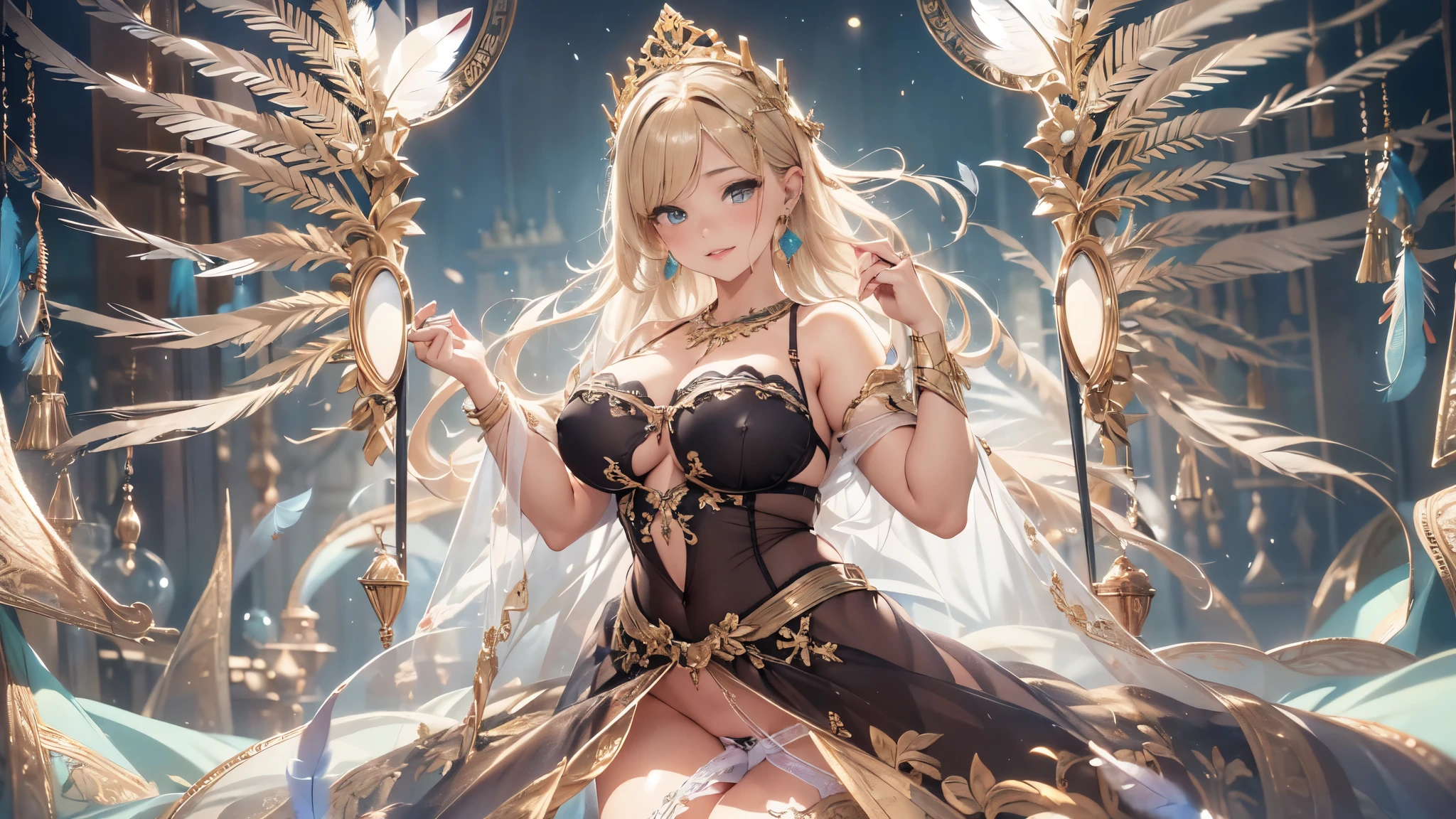 去最高のmasterpiece、beautiful美しさ, 3D two-dimensional, rich, blonde, skirt, stockings, high heels, poison、star、star、(Highly detailed CG Unity 8K wallpaper),(masterpiece), (最high quality), (Super detailed), (best work),(best shadow), (sharp eyeliner, eye shadow, fine eye:1.1), (超High resolution,realistic,最high quality,realistic),(8K,RAW photo,最high quality,マstarプル),mature woman、sensual curves、huge breasts、thighs、bubble、お尻のmasterpiece, 最high quality, Super detailed, full body shot, mature woman, beautiful mature woman, nightgown and underwear, enchanting smile, thick lips, Chubby lips, blush, looking at the viewer, provocative expression, beautiful髪型, cleavage, Plump、curvy hips、attractive face、sexy lingerie、an inviting gaze、Expression of emotions、Lewd underwear、(((erotic see-through lingerie set)))、Standing position、gorgeous accessories 、big breastsの女性, bare shoulders, golden hair, colored feather, metal ornaments, colored flowers, particle, light, (masterpiece, 最high quality, 最high quality, official art, beautiful and aesthetic:1.2), (1 girl:1.3), very detailed,(fractal art:1.1),(colorful:1.1)、(flowers:1.3),most detailed,(zentangle:1.2), (dynamic pose), (abstract background:1.3), (shiny skin), (lots of colors :1.4), ,(earrings:1.4), (feather:1.4),masterpiece, 最high quality, Super detailed, 30~40 years, full body shot, beautiful 、various hairstyles，gold headband，plump breasts，beautiful butt，greek clothing，Tulle covers the breasts，perfectly proportioned, detailed clothing details,marble，god statue，cinematic lighting, film grain, 8K, masterpiece, Super detailed, high detail, high quality, High resolution,(((NSFW:1.2)))、exposed chest、Openwork decoration，(((see through dress)))、(((解剖学的に正しいbody))) , 最high quality, Super detailed, (((Lewd underwear)))、raise your butt, from below, (((R-18)))、Hakari、thighs, big breasts, Are standing, cowboy shot, blush, (((1 girl))), (masterpiece:1.3), (High resolution), (8K), (very detailed), perfect face, Nice eye and face, (((最high quality))), (Super detailed), detailed face and eye, (alone), High resolution、beautifuleye,(((sexy pose)))、(((整ったbig breasts)))、((beautiful eye))、luxury、(((超High resolution)))、(((detailed description)))、(((ぽっちゃりbody型)))、(((解剖学的構造に一致したbodyの部位)))、beautiful長いまつ毛、バランスのとれたbody型,2 feet、Just the right size for your legs and arms、Fishnet tights、glamorous、(((Clear white and black eye)))、lipstick、Sparkling、(Undistorted face, eye, body)、jewelry、gem、(長くカールしたbeautifulまつ毛)、(((バランス良いbeautiful胸)))、(transparent, Exquisite skin:1.2)、(((完璧なglamorousボディー)))、actress face、Super beautiful、cute smile、Healing beauty、Flower shower、完璧なeye、realistic depiction、super sexy、shiny、glamorous、double eyelids、Good dark compensate、compensate、ぼやけていないeye 

