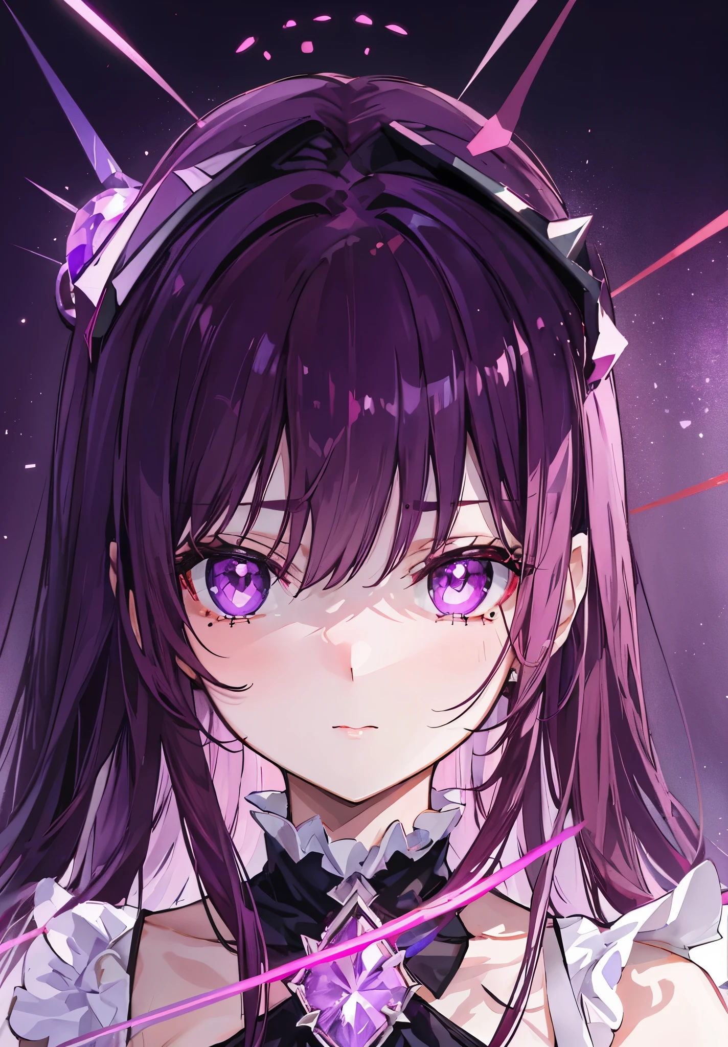 Half body,Pink-purple red pupils,beautiful purple brown hair,There is a mole in the center of the eyebrow,The face is white and tender,As cute as a rabbit,Violet orchid,Red crystal for decoration,The body is glowing with pink-purple fluorescence,Looks very sweet,Very cute