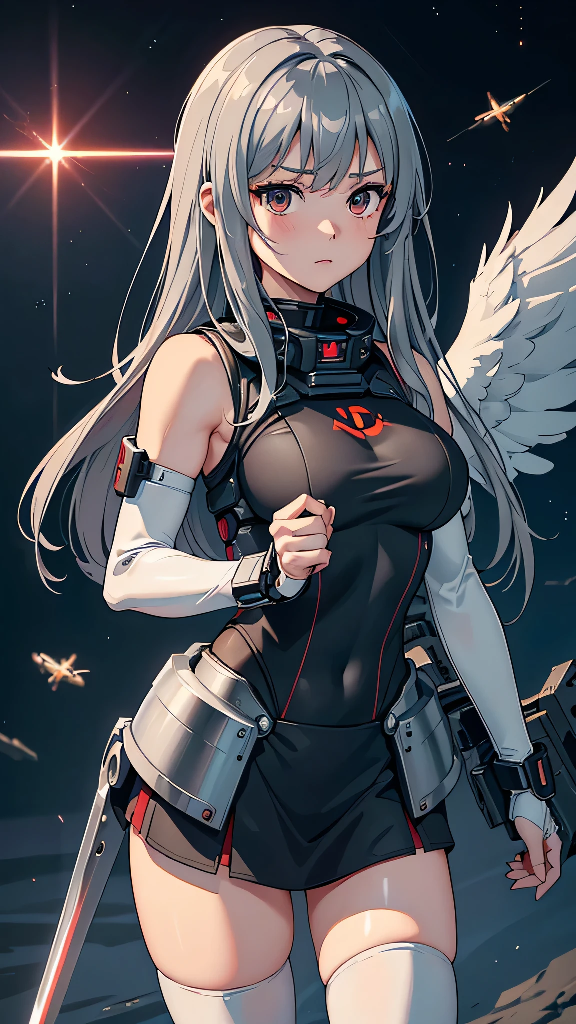最high quality、best image quality、masterpiece、age girl((18-year-old、 By becoming、vest bust、medium bust,wide open breast tea、black eye, gray hair、long hair、thin,highest valley、Black Battlesuit、white arm parts、white leg parts、Holding a big sword、mechanically glowing red wings,null中、splatters)),high quality、beautiful art、background((宇宙null間、battlefield、splattersing beams、null))瓦礫がsplatters、Depth of written boundary、movie、visual art、perfect art、8K,genuine
