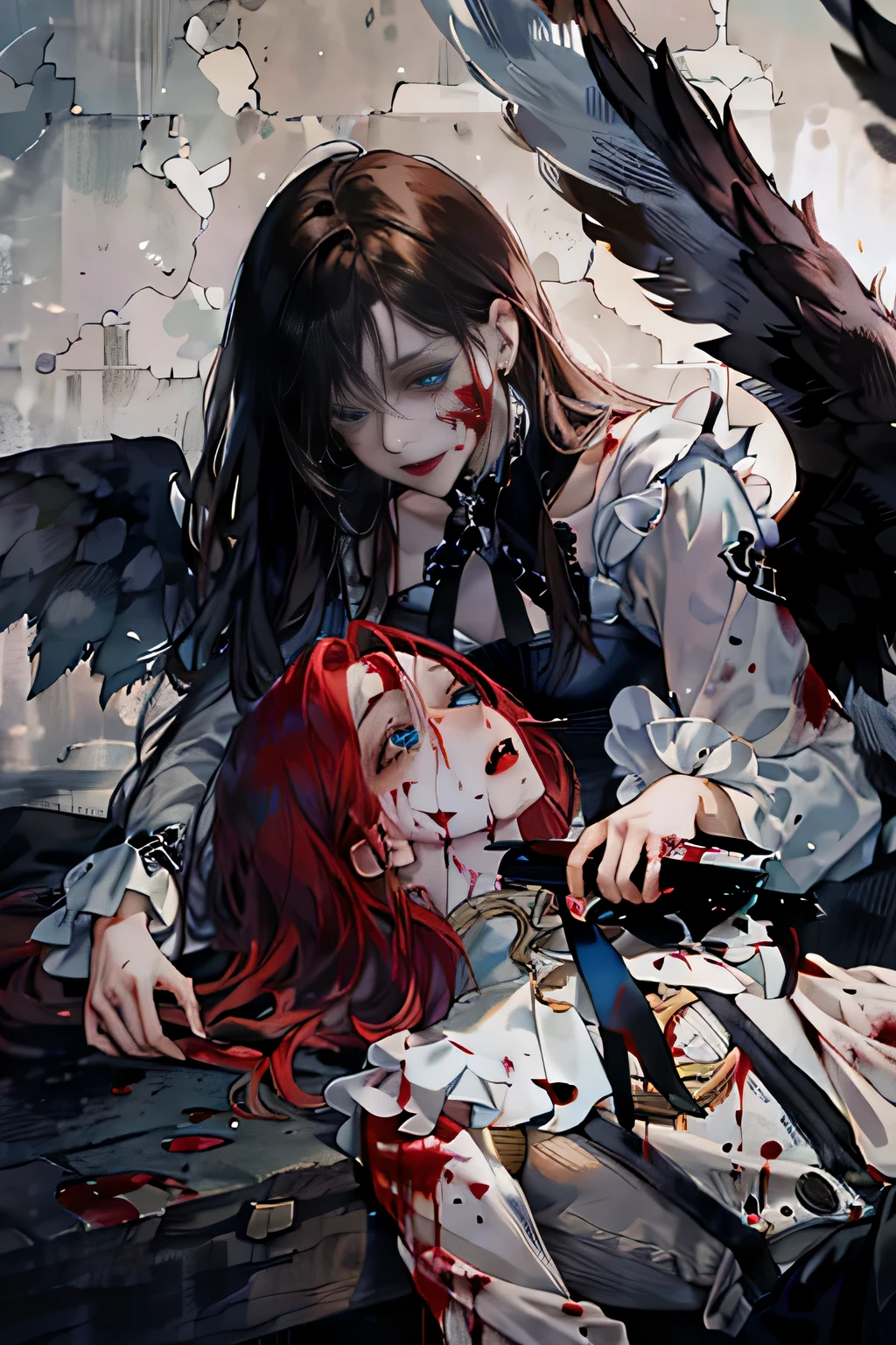 ((best quality)), ((masterpiece)), （（two girls）），Redhead and brunette girl，Hair fluttering，delicate face，good eyes，lifelike， beautiful eyes, mottled light and shadow,Cute action，background，Half body，angels and devils，wing，interaction，blood stains，Gothic·，dark，Sick娇，天使wing，and，blood spatter，homicide，Sick