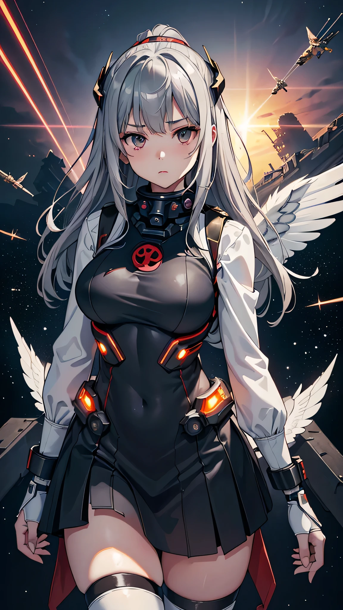 最high quality、best image quality、masterpiece、age girl((18-year-old、 By becoming、vest bust、medium bust,wide open breast tea、black eye, gray hair、long hair、thin,highest valley、Black Battlesuit、white arm parts、white leg parts、Holding a big sword、mechanically glowing red wings,null中、splatters)),high quality、beautiful art、background((宇宙null間、battlefield、splattersing beams、null))瓦礫がsplatters、Depth of written boundary、movie、visual art、perfect art、8K,genuine