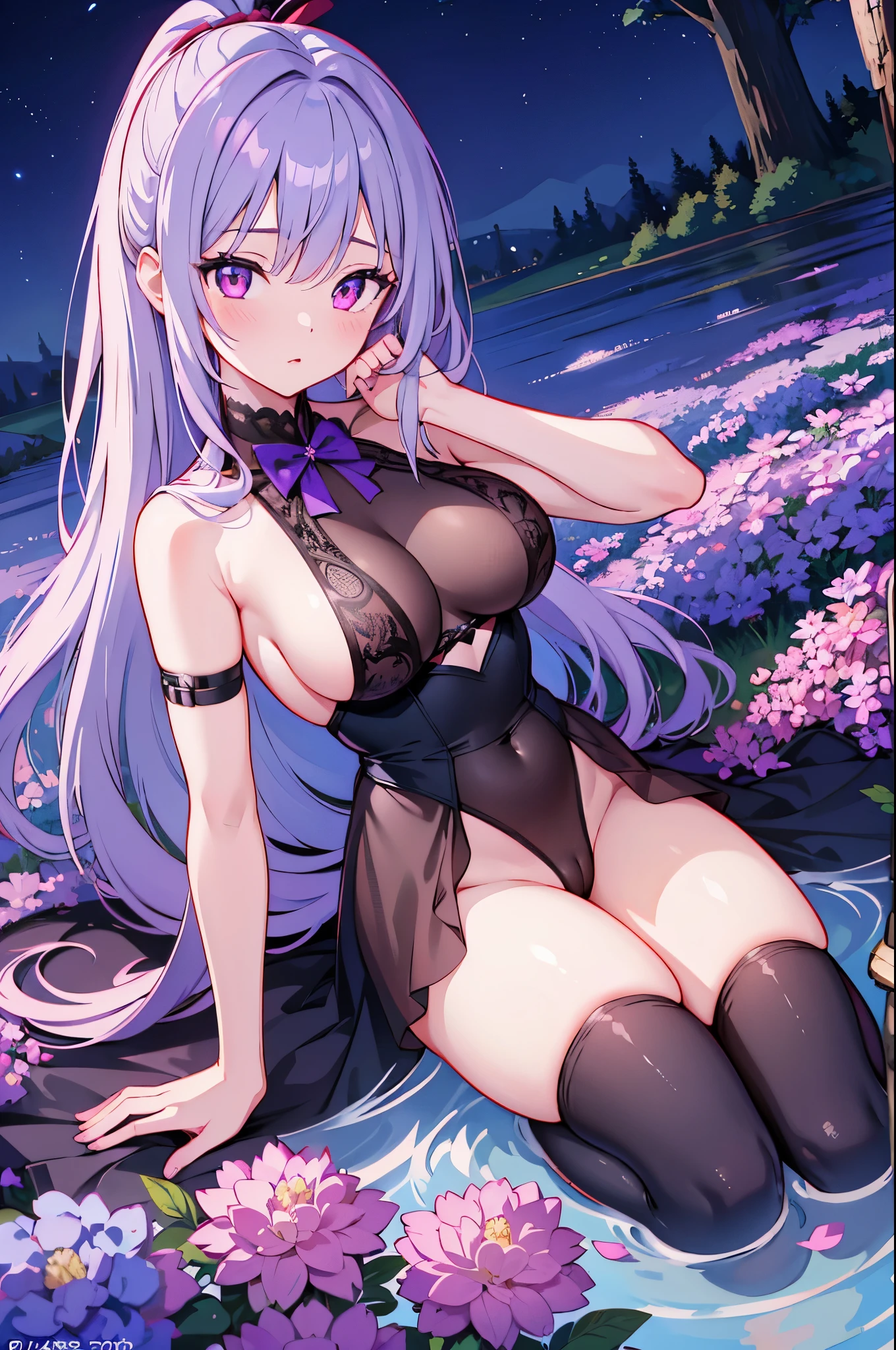 highest quality, masterpiece,, shape, wallpaper,1 girl, alone,bright hair, medium long hair, beautiful detailed girl, highly detailed eyes and face, beautiful and detailed eyes, shy, nature_lit, shine,NSFW, clean null, looking at the viewer, outdoor, night null, star (null), black pantyhose,  straight hair, Purple petals, Purple and blue flowers, red pupil, ponytail, blue ribbon,gray hair, thick_thighs, big breasts, red eyes,