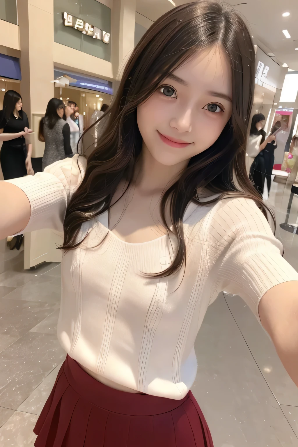 pieces fly、masterpiece、highest quality、Super detailed、High resolution、High resolution、8K portrait、unity 8k wallpaper、Detailed CG、unity 8k wallpaper、Detailed CGユニティ8kの壁紙、realistic、real person、portrait photography、shiny skin、(20-year-old:1.2)、(cute:1.2)、High resolution、beautiful clear eyes、very detailed explanation、delicate face、cute face、nice lips、thin waist、thin legs、(eight-headed body:1.6)、1 girl、(Shopping mall:1.2)、(flat chest:1.6)、(Short sleeve sweater:1.5)、(flare skirt:1.3)、(big smile:1.2)、(Self snap:1.6)、(small face:1.5)、(No bra:1.4)