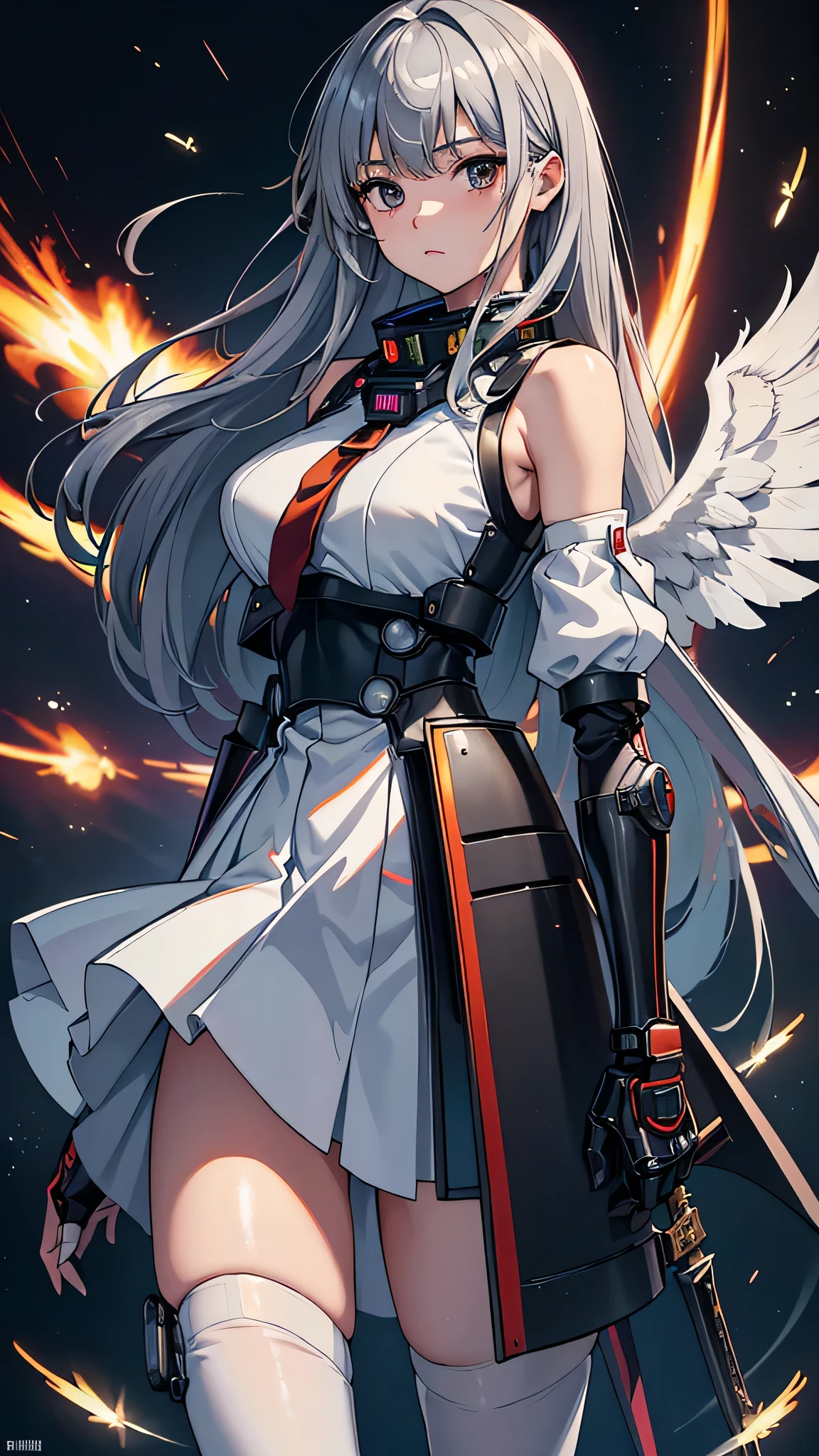 最high quality、best image quality、masterpiece、age girl((18-year-old、 By becoming、vest bust、medium bust,wide open breast tea、black eye, gray hair、long hair、thin,highest valley、Black Battlesuit、white arm parts、white leg parts、Holding a big sword、mechanically glowing red wings,null中、splatters)),high quality、beautiful art、background((宇宙null間、battlefield、splattersing beams、null))瓦礫がsplatters、Depth of written boundary、movie、visual art、perfect art、8K,genuine