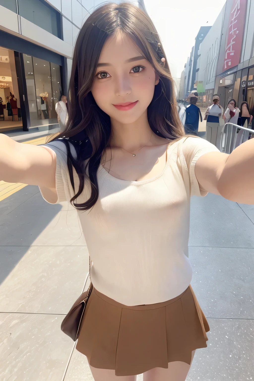 pieces fly、masterpiece、highest quality、Super detailed、High resolution、High resolution、8K portrait、unity 8k wallpaper、Detailed CG、unity 8k wallpaper、Detailed CGユニティ8kの壁紙、realistic、real person、portrait photography、shiny skin、(20-year-old:1.2)、(cute:1.2)、High resolution、beautiful clear eyes、very detailed explanation、delicate face、cute face、nice lips、thin waist、thin legs、(eight-headed body:1.4)、1 girl、(Shopping mall:1.2)、(flat chest:1.6)、(Short sleeve sweater:1.3)、(flare skirt:1.3)、(big smile:1.2)、(Self snap:1.6)、(small face:1.3)、(wavy hair:1.2)、(No bra:1.4)