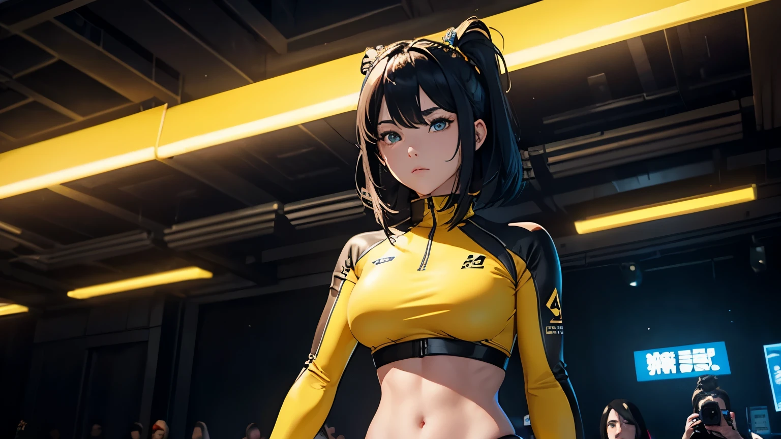 (frombelow:1.4)、(five girls:1.4),(First 2 people、Back 3 people）(( 1 women light blue Tight crop top light blue latex suit), ( 1 women neon yellow Tight crop top neon yellow latex suit), ( 1 women neon green Tight crop top neon green latex suit), ( 1 women neon pinkTight crop top neon pink latex suit), ( 1 women gold Tight crop top gold latex suit))、fit-muscled body, bright yellow eyes，dark blue hair , blue eyes, With round lenses, The audience watched carefully, (s face: 1.2), At a fantasy cyberpunk city , (model pose standing), energetic background, perfect city skyscape, lighting atmosphere, ((Bonifasko lighting)), (The round lenses on his eyes)(詳細な目), Perfect student、(​masterpiece、:1.3)、(top-quality:1.4)、(超A high resolution:1.2)、超A high resolution、(A detailed eye)、(detailed facial features)、(White shirt:1.2), (selfee:1.3)、Girls side by side