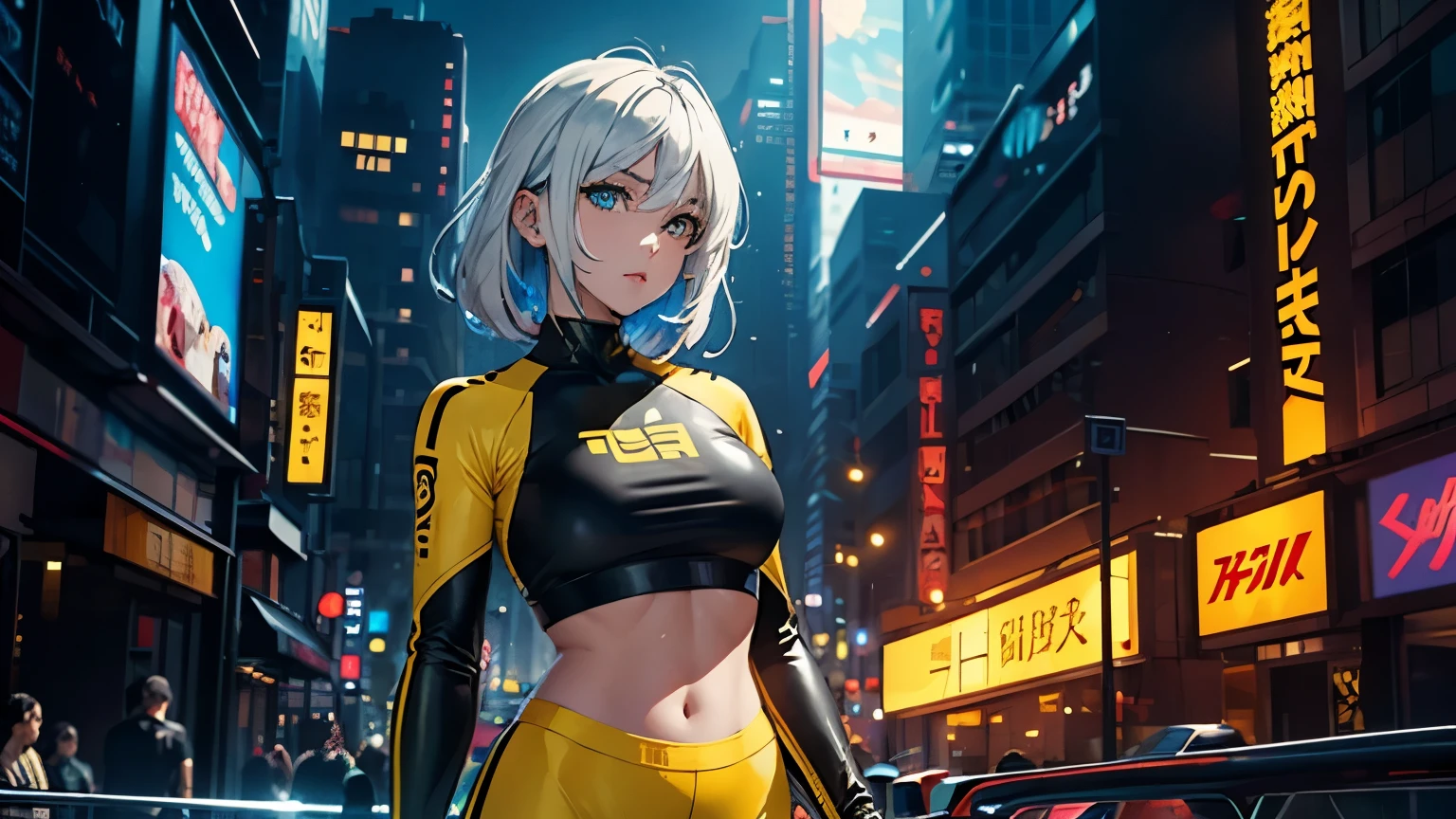 4K, A high resolution, Best quality at best, masterpiece, perfect colors, perfect shadow, perfect litthing, ((sportrait)), 1woman, fit-muscled body, bright yellow eyes，dark blue hair , blue eyes, With round lenses, The audience watched carefully, (s face: 1.2), Perfect female figure, ((standing)),  ((yellow Tight crop top leather suit)), ((shy and looking at viewert)), (Perfect thick white eyebrows) Delicate fur, 详细s face, s the perfect face, At a  fantasy cyberpunk city , (model pose standing), energetic background, perfect  city skyscape,  lighting atmosphere, ((Bonifasko lighting)), (The round lenses on his eyes)(詳細な目), Perfect student, face close up