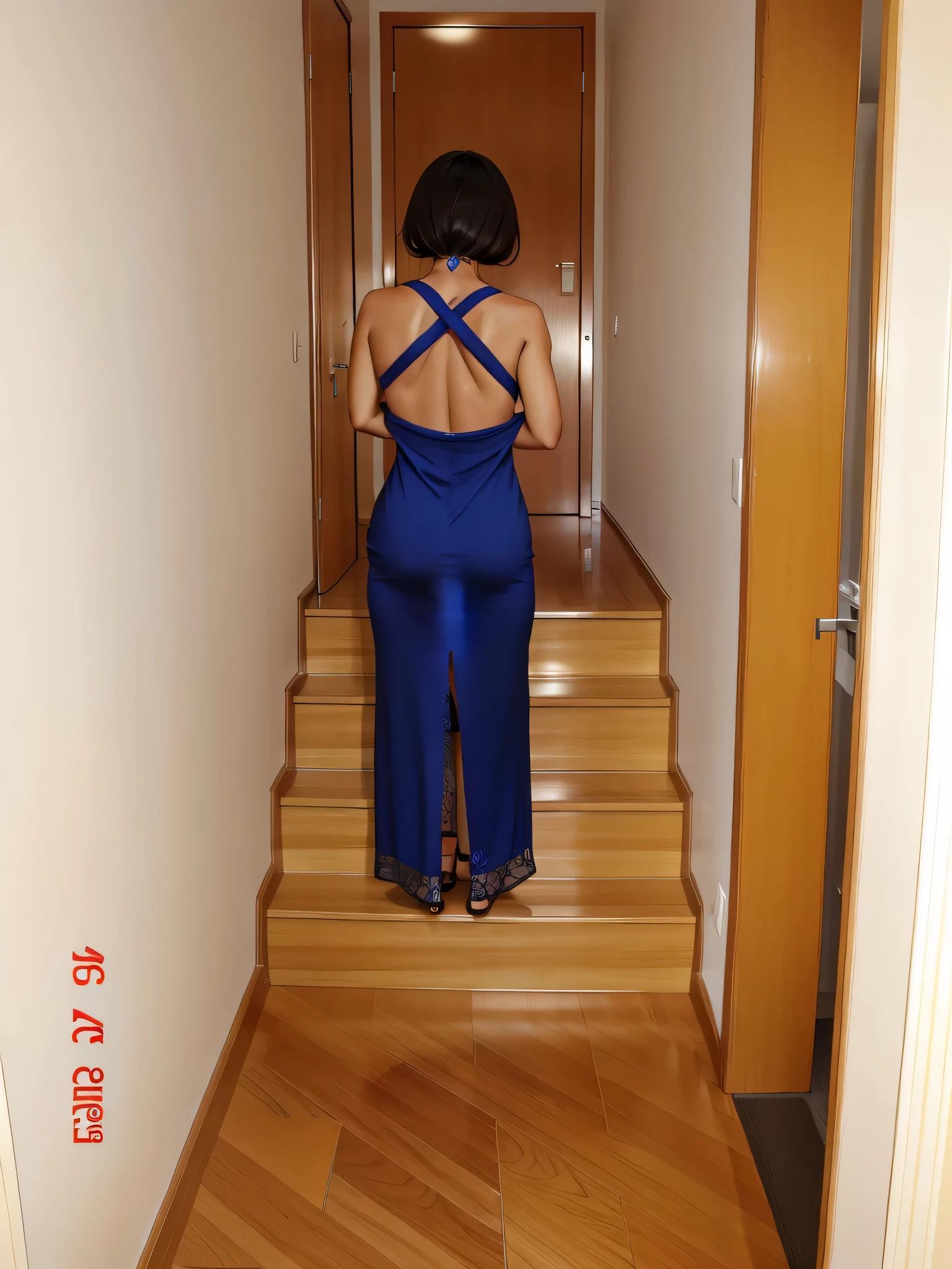 mulher em um vestido azul escuro, subindo um lance de escadas, photo taken from behind, vestido aberto, fenda traseira, usando um vestido longo, from behind, 8k, usando um vestido longo, elegante vestido azul escuro