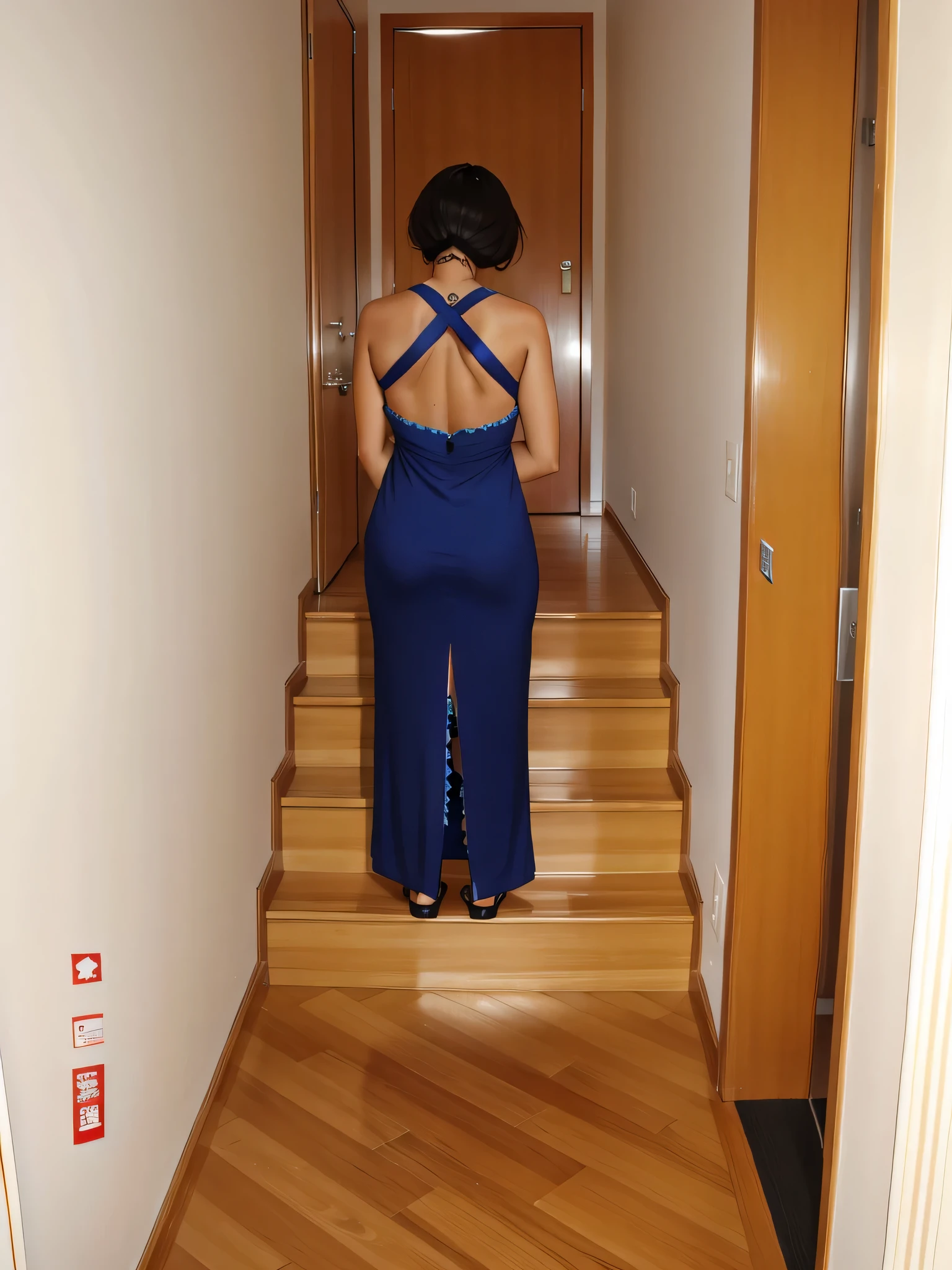 mulher em um vestido azul escuro, subindo um lance de escadas, photo taken from behind, vestido aberto, fenda traseira, usando um vestido longo, from behind, 8k, usando um vestido longo, elegante vestido azul escuro