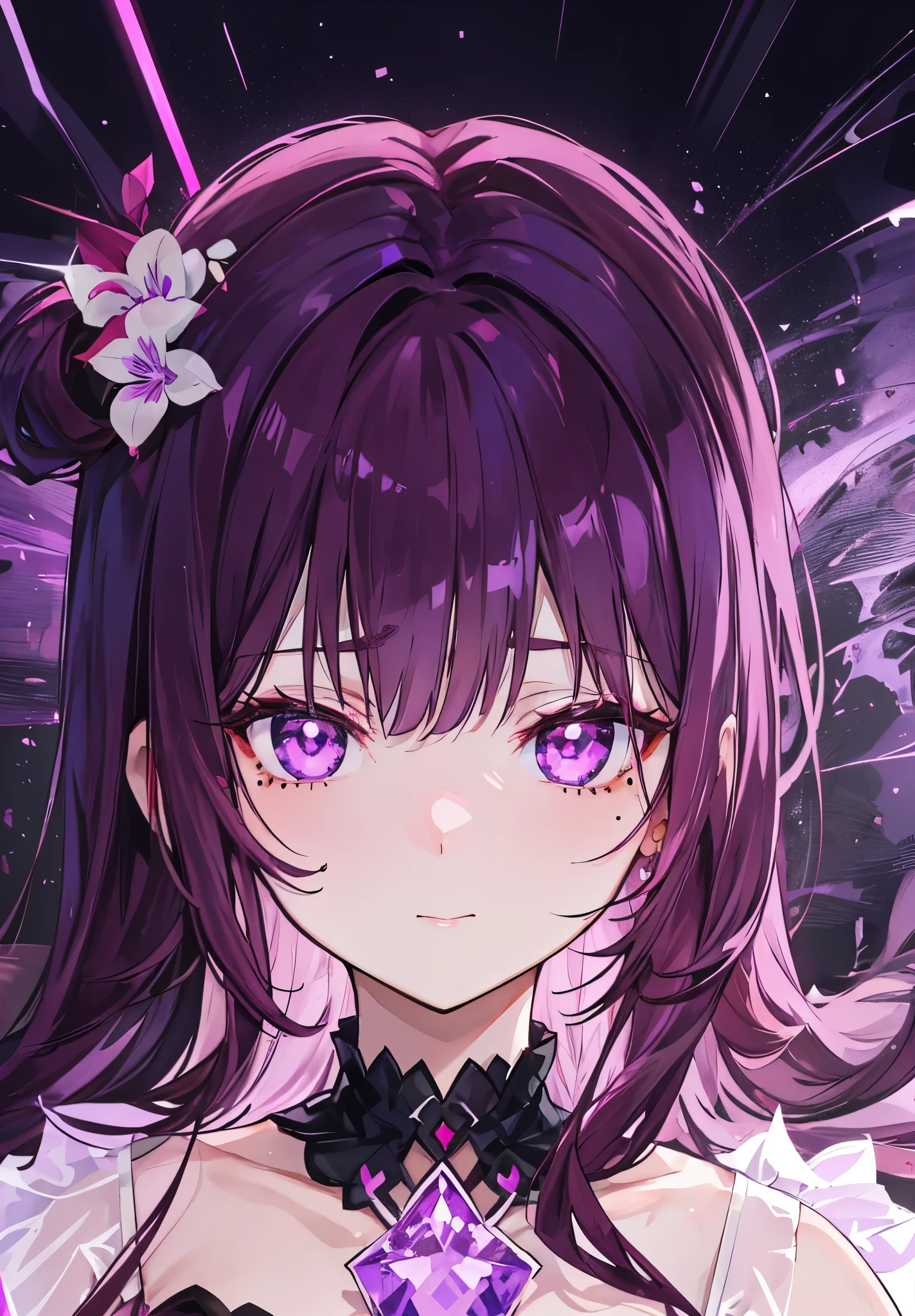 Half body,Pink-purple red pupils,beautiful purple brown hair,There is a mole in the center of the eyebrow,The face is white and tender,As cute as a rabbit,Violet orchid,Red crystal for decoration,The body is glowing with pink-purple fluorescence,Looks very sweet,Very cute