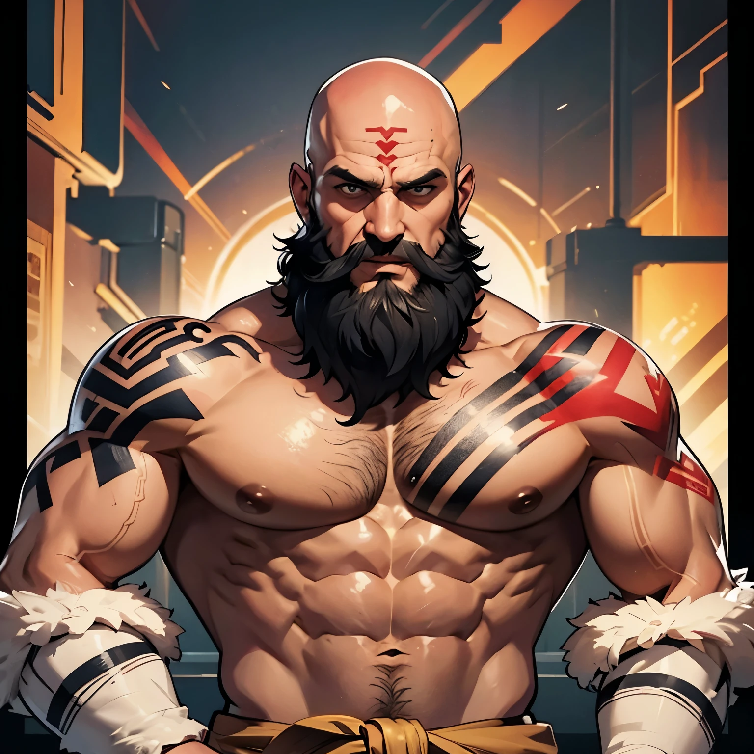 man, barbarian, tattoo all over the body, bald, beard, big.