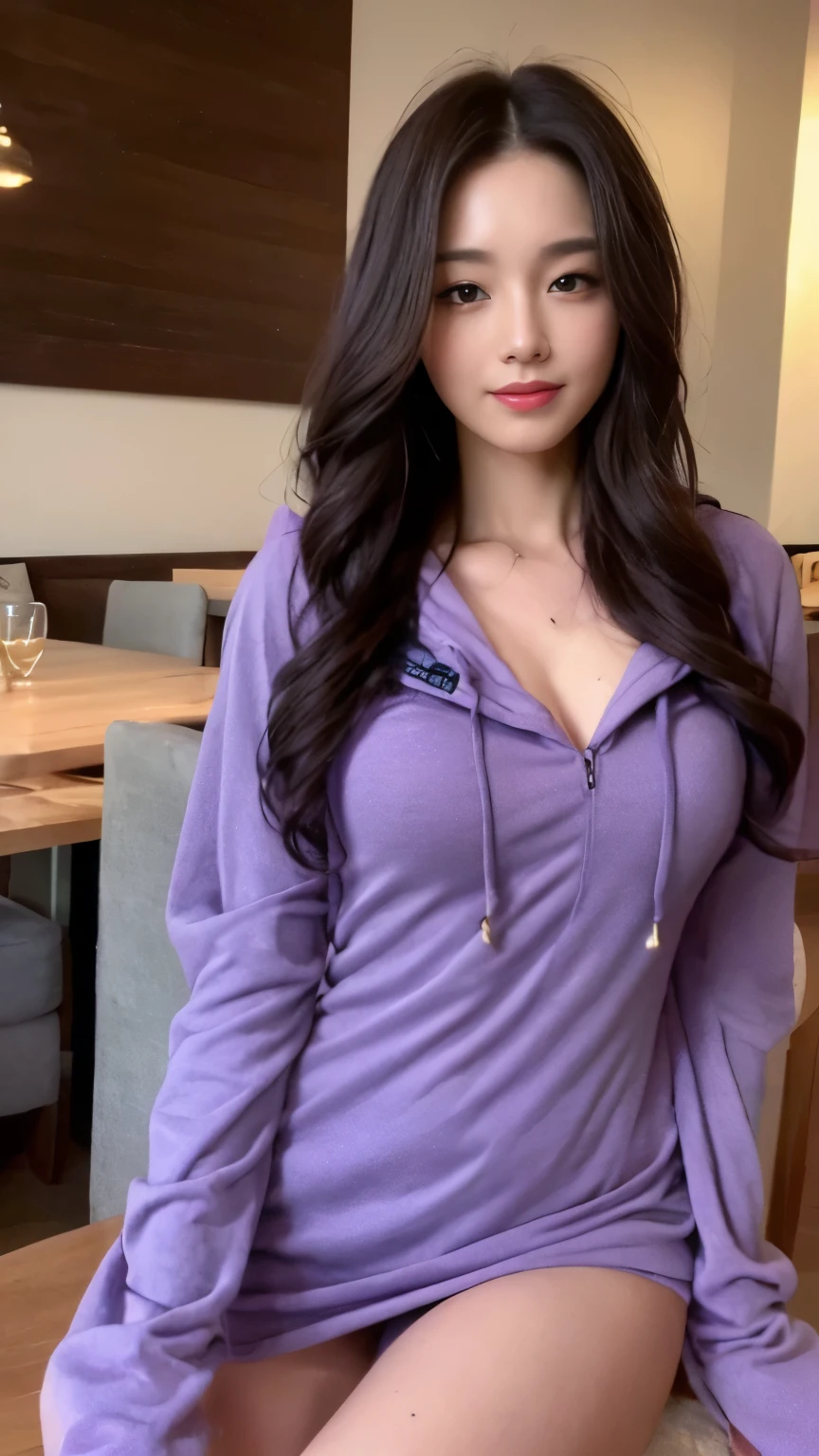 ((top-quality、8k、masterpiece:1.3))、Beautiful woman with perfect body:1.4、slim abdomen:1.2、Longhair, normal breast, Highly detailed facial and skin texture, A detailed eye, delicate eyes, (smile), (full body shot), ((restaurant)), (sitting on chair), (((wearing purple hooded))), looking in front