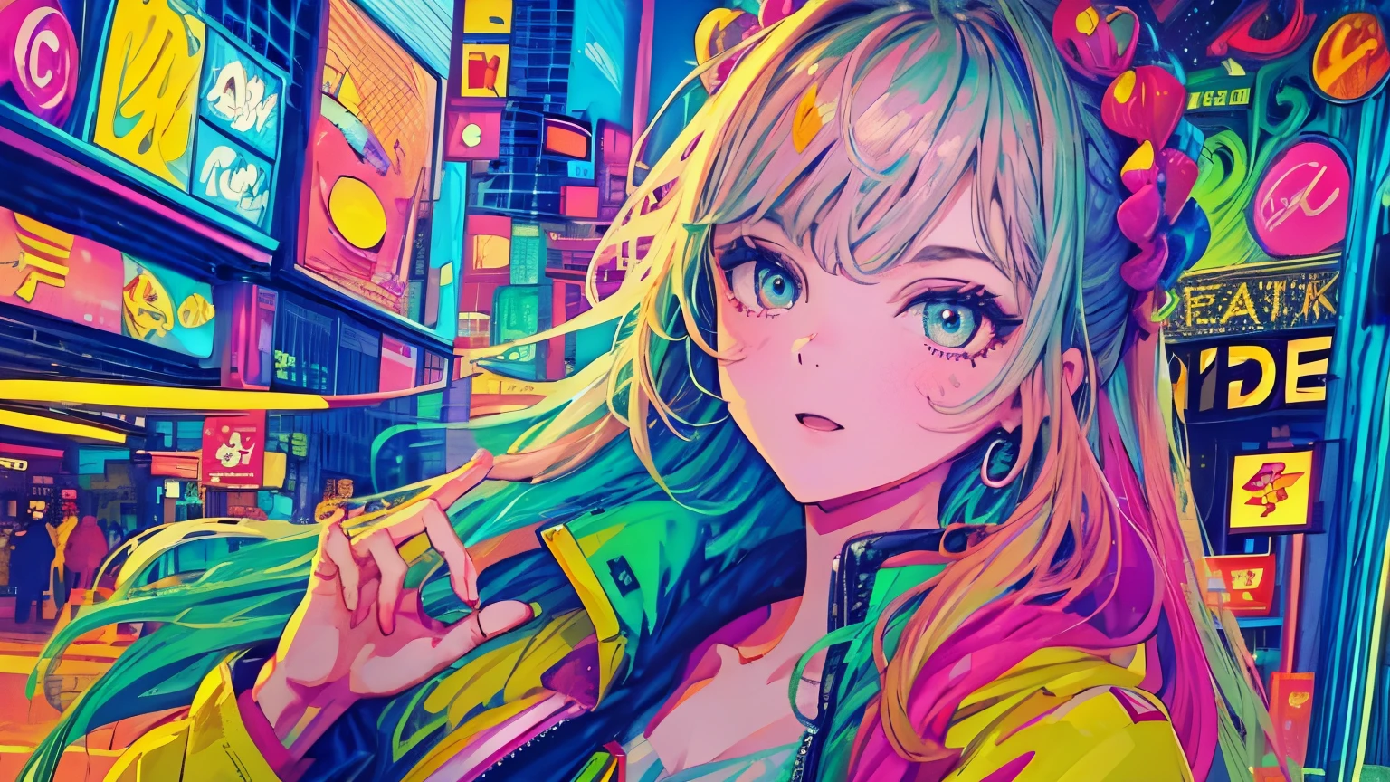 best quality, 4K wallpaper, masterpiece, extremely detailed CG unity 8k wallpaper, extremely detailed eyes, ultra-detailed, intricate details, face close up 1 happy girl in center, "no hand" retro art style, neon_pop art style, public, outdoors, road sign, city, people