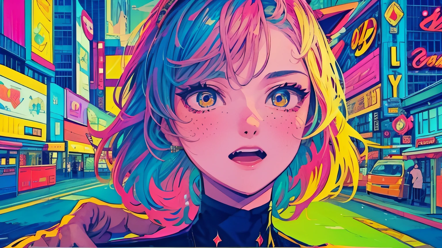 best quality, 4K wallpaper, masterpiece, extremely detailed CG unity 8k wallpaper, extremely detailed eyes, ultra-detailed, intricate details, face close up 1 happy girl in center, "no hand" retro art style, neon_pop art style, public, outdoors, road sign, city, people