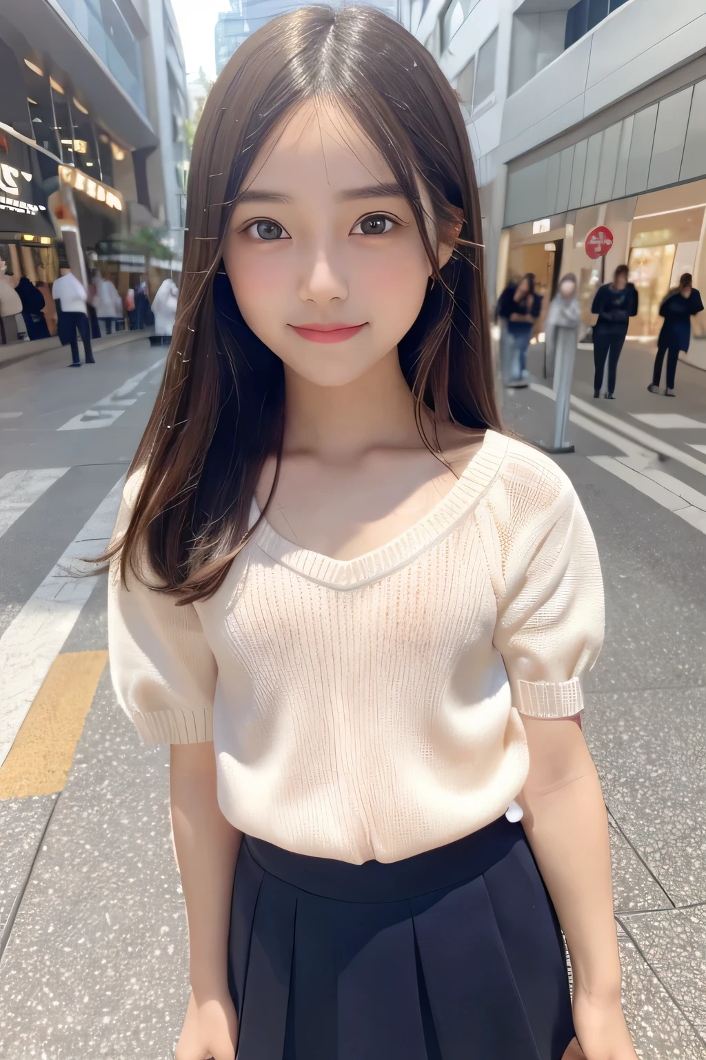 pieces fly、masterpiece、highest quality、Super detailed、High resolution、High resolution、8K portrait、unity 8k wallpaper、Detailed CG、unity 8k wallpaper、Detailed CGユニティ8kの壁紙、realistic、real person、portrait photography、shiny skin、(20-year-old:1.2)、(cute:1.2)、High resolution、beautiful clear eyes、very detailed explanation、delicate face、cute face、nice lips、thin waist、thin legs、(eight-headed body:1.6)、1 girl、(Shopping mall:1.2)、(flat chest:1.8)、(Short sleeve sweater:1.5)、(flare skirt:1.3)、(big smile:1.2)、(Self snap:1.6)、(small face:1.5)