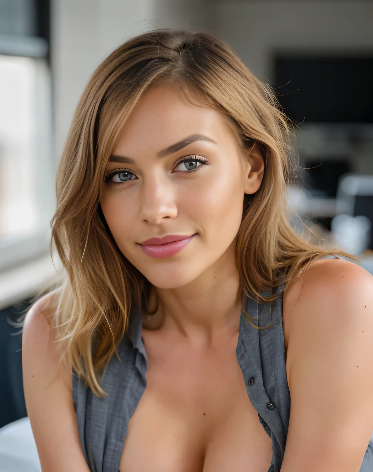 A very blonde woman wearing a sexy office outfit, office background, clear blonde hair, light blonde hair, huge natural tits, highly detailed,, naturally wavy hair, yeux bleus, high resolucion, tmasterpiece, Meilleur Qulaity, intricate high detail, highly detailed, mise au point nette, detailed skin, realistic skin texture, texture, detailled eyes, professionnel, 4K, sourire charmant, prise avec Canon, 85 mm, Light depth of field, Kodak Vision Couleur, perfect fit body, extremly detailed, photographier_\(ultra\), photographierréaliste, Realstic, Post-traitement, maximum details, roughness, real life, ultrarealistic, photorealism, photographie, 8K UHD, photographie