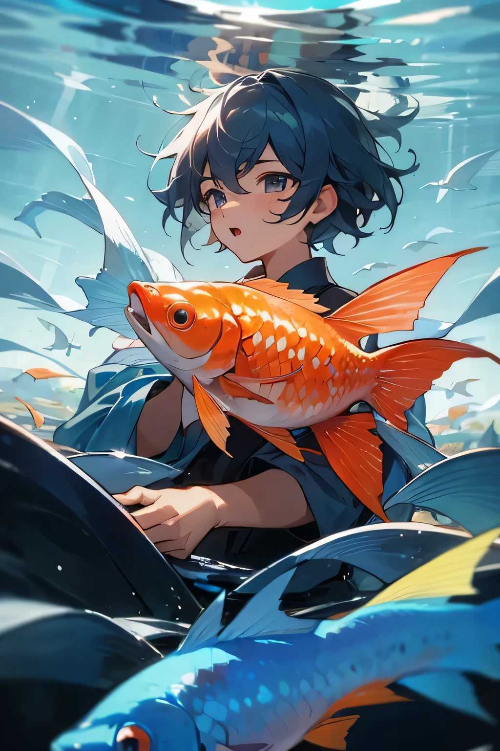 Please draw a portrait of a fish farmer,This fish farming expert is a big deal,boys,And the singing is nice,Singing while raising fish,I also like Su Shi。Could be a little more patina。he is singing