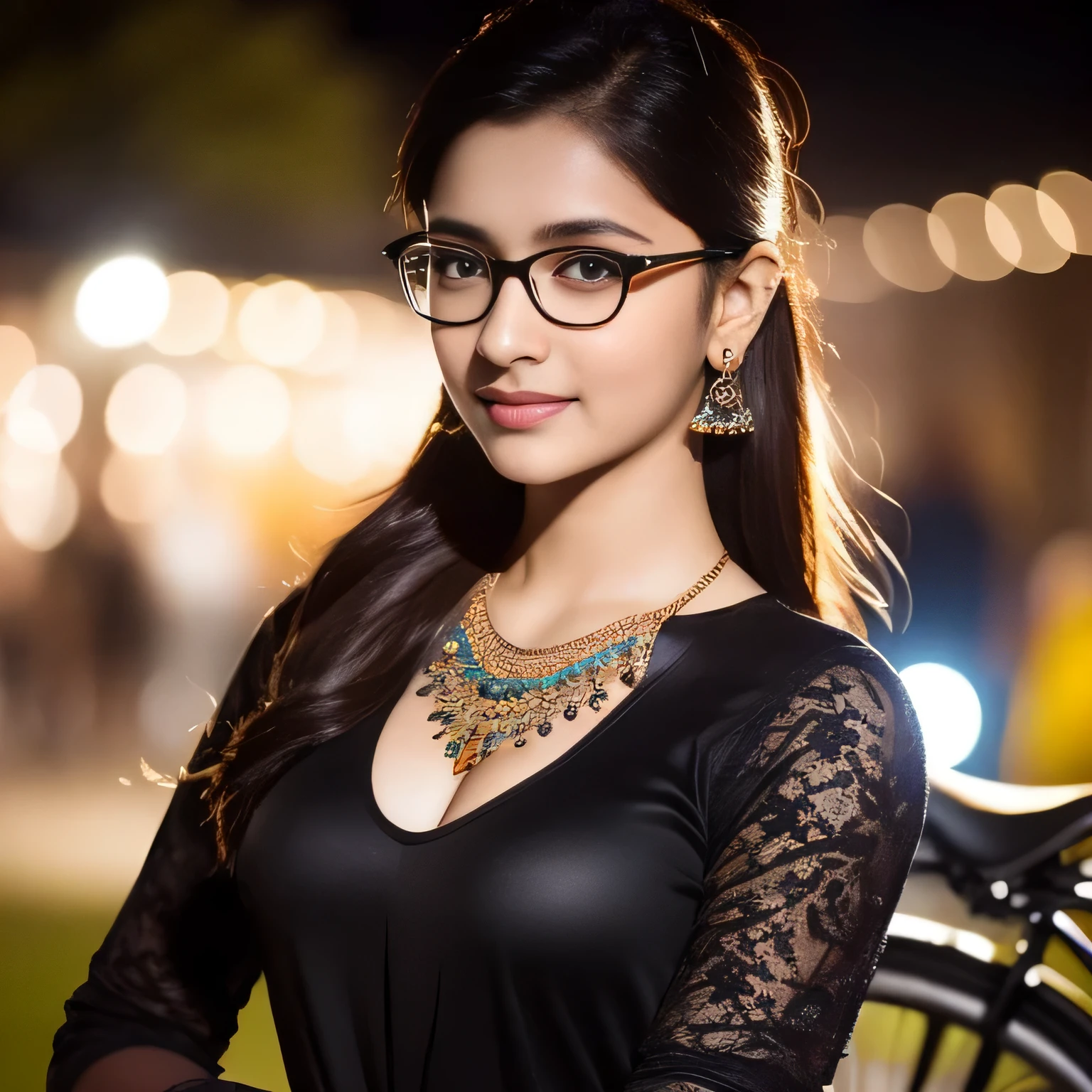 (best quality,realistic),portrait,indian gorgeous 23 years old woman,smile,sexy,beautiful, black dress,outdoor,standing near bicycle,ultra-detailed,vivid colors,soft lighting,portrait photography, realistic hands, face, eyes, lips, superb quality, wearing glasses