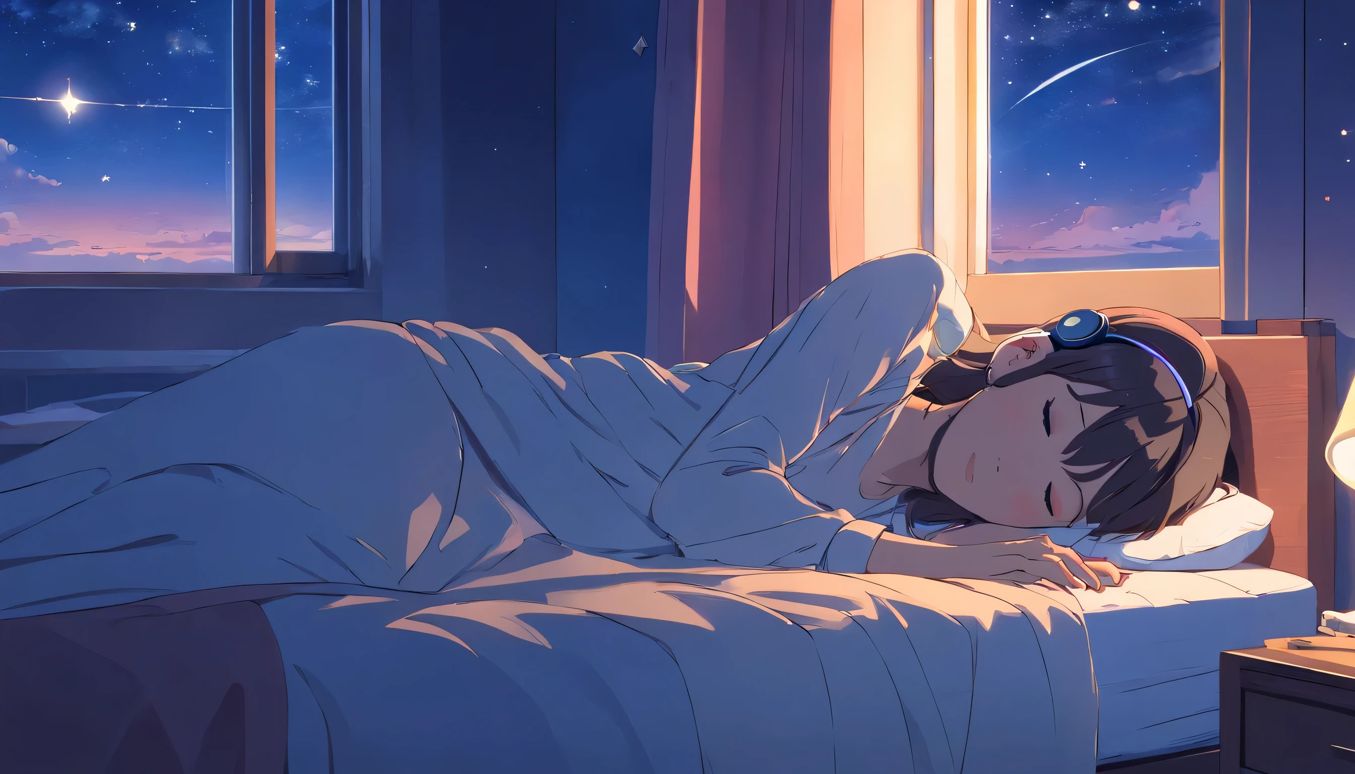 (masterpiece) a girl (Miss) lying in bed sleeping, In her bed, wearing headphones,  A window showing the moon and stars, calm, peaceful, thinking, normal, color grading, Nice color coding,