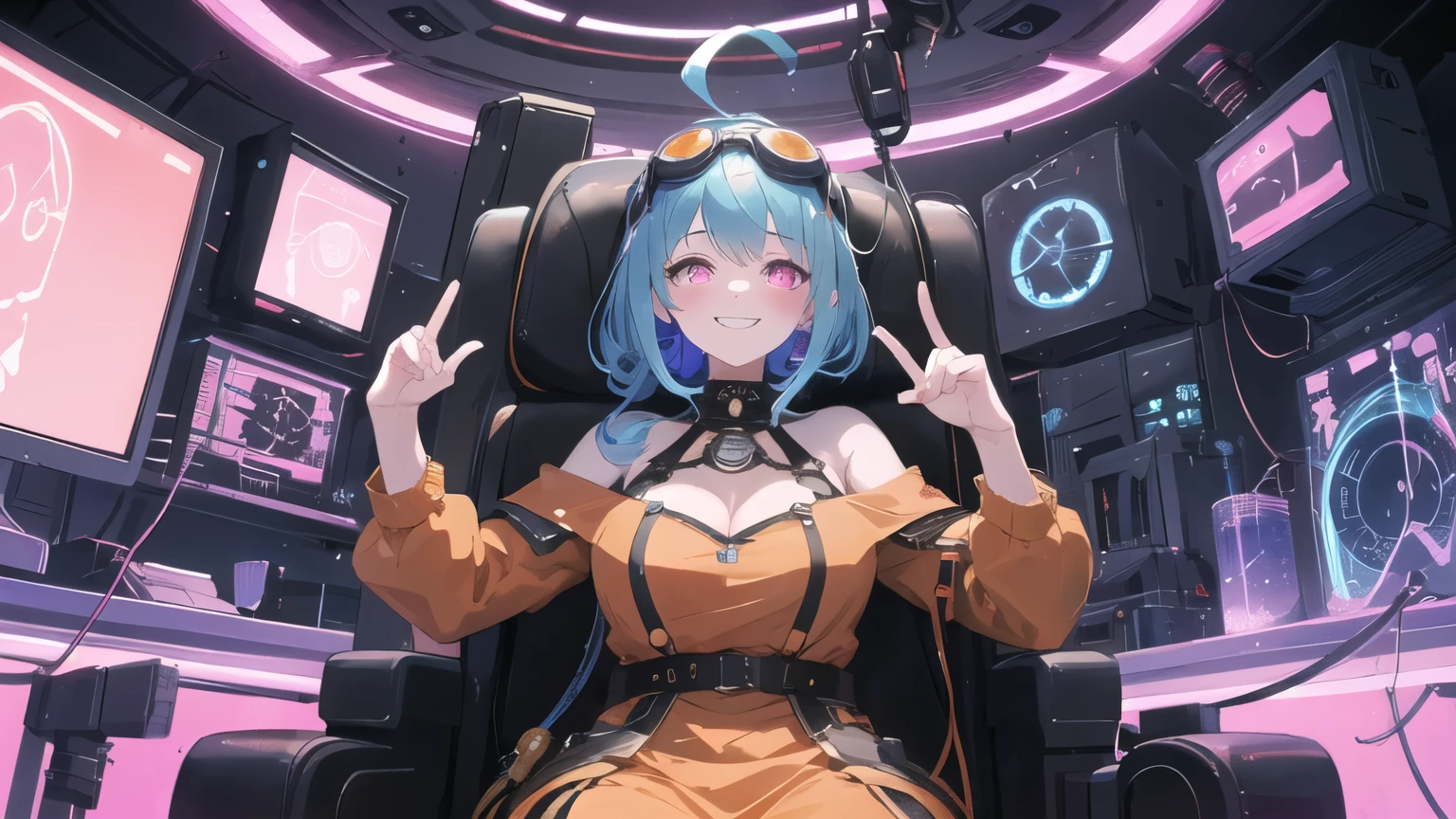 1girl, solo, 25 years old, wearing orange dress(intricate ornamentation), wild violet-blue hair, ahoge, pink eyes(neon glow), goggles on head, grinning, blushing, thick adult body, voluptuous, pale skin(cadaverous complexion), wires extending, wire plugged into neck, wet skin, chiaroscuro, clockwork, steampunk spaceship cockpit, laying on leather pilot seat, from below, cosmic, magic circle on monitors, stars outside, absurdes, high res, ultrasharp, 8k, best quality, masterpiece, looking at viewer, perfect hands, perfect fingers
