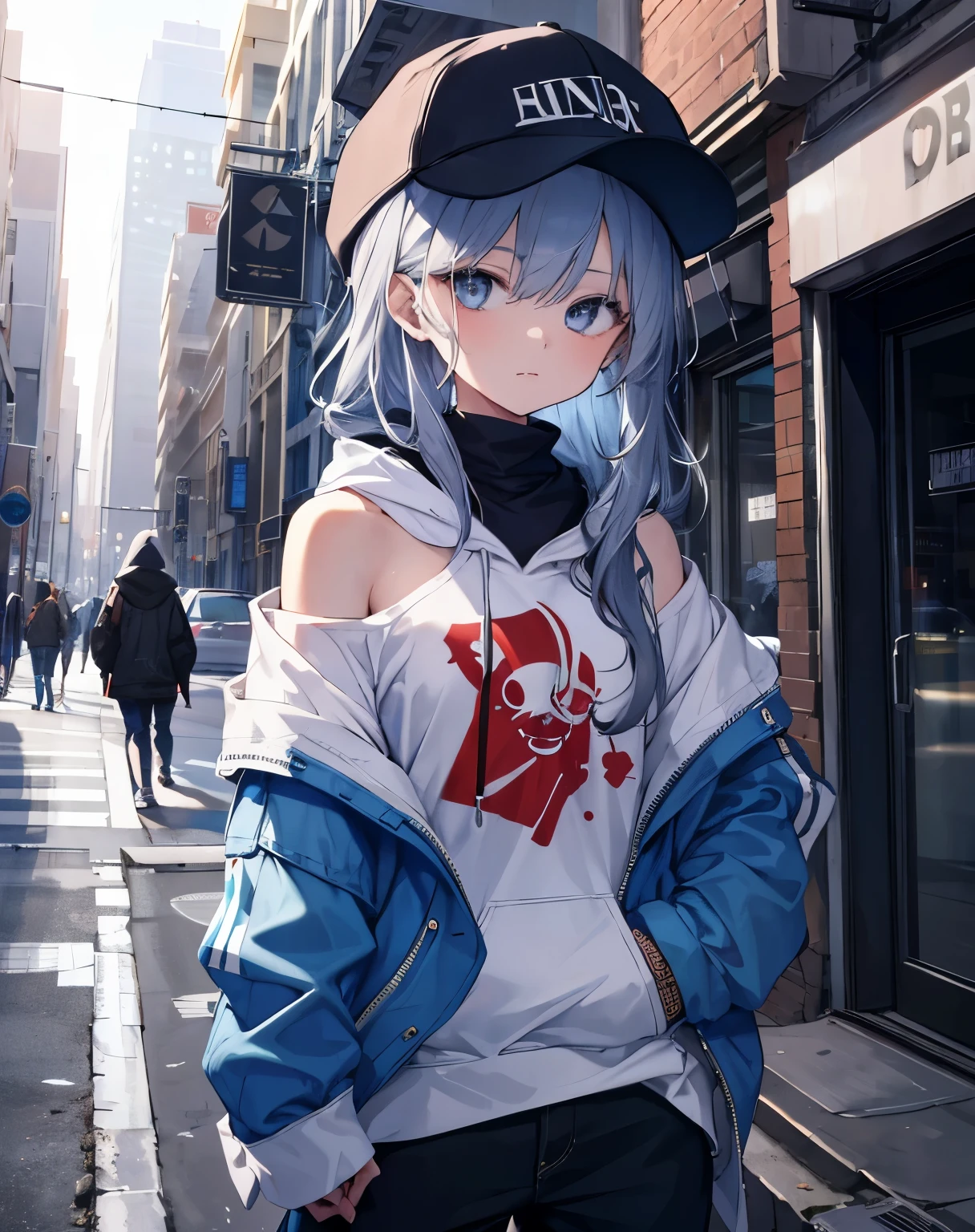 masterpiece,1 girl,alone,long hair,silver hair,hoodie,off shoulder:1.2, mob cap, street,put your hand on your waist, put one's hand in one's pocket,Super high quality