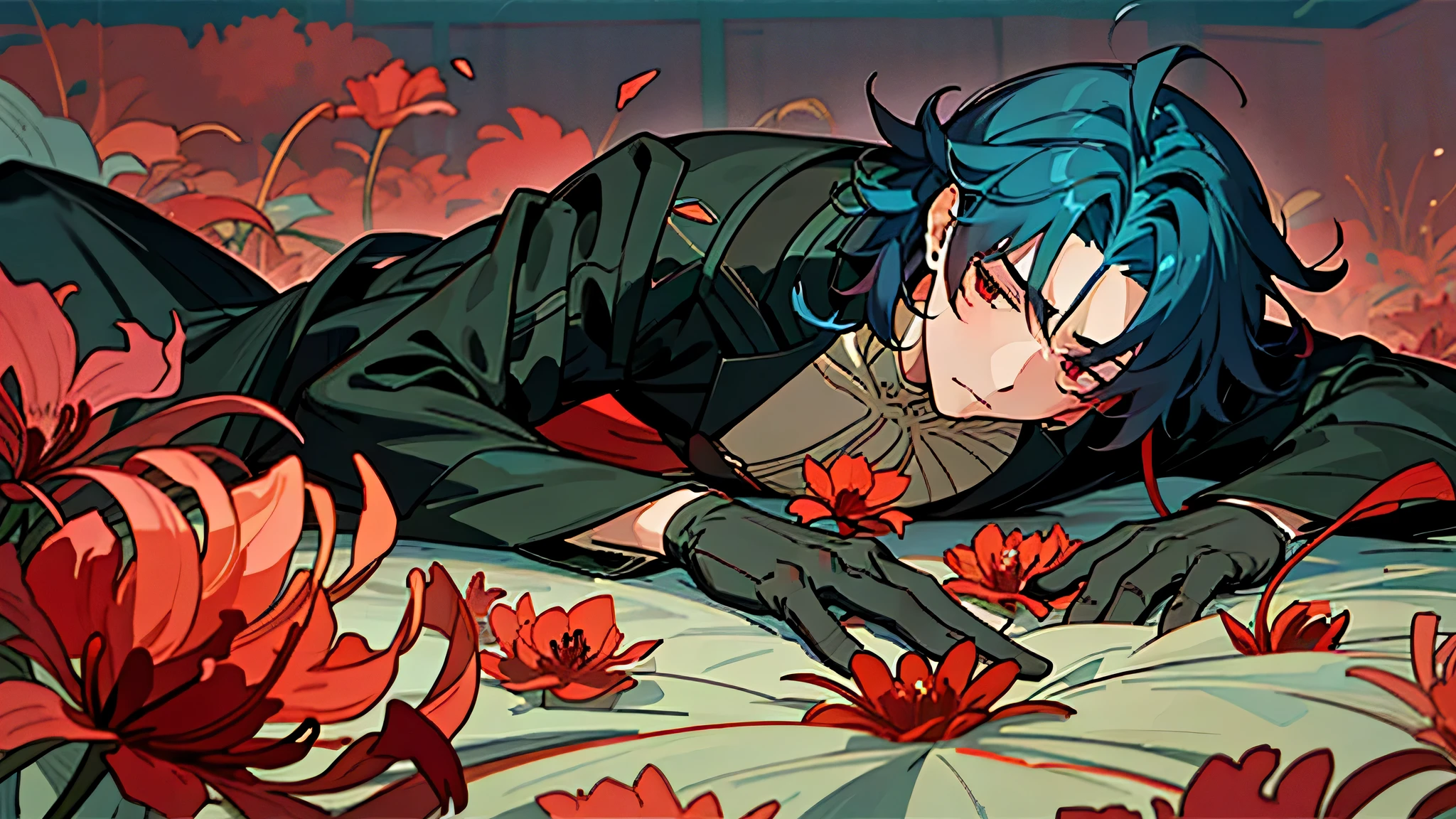 male laying down on a bunch of red lily flowers all over the ground high quality anime style