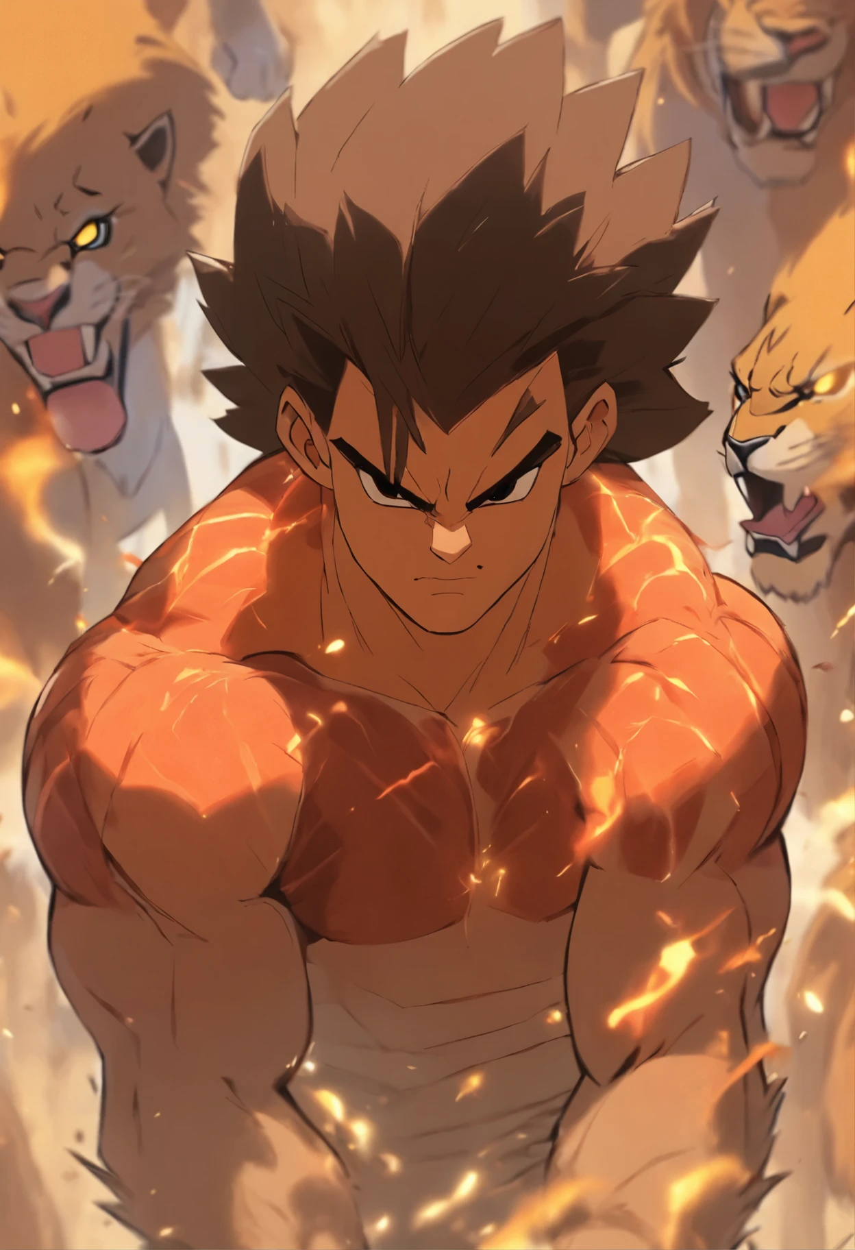 Muscular Strong Young Fighter Man, Good Paint style, Ink Paint, Handsome, Buzzcut Hair Style, Short Black Hair, Palm Hand no weapon, Half Powerful Lion King at back, Powerful, Fighter, Fist Style, Standing at his Feet, Textured Skin, High Resolution, 8K, Top Quality