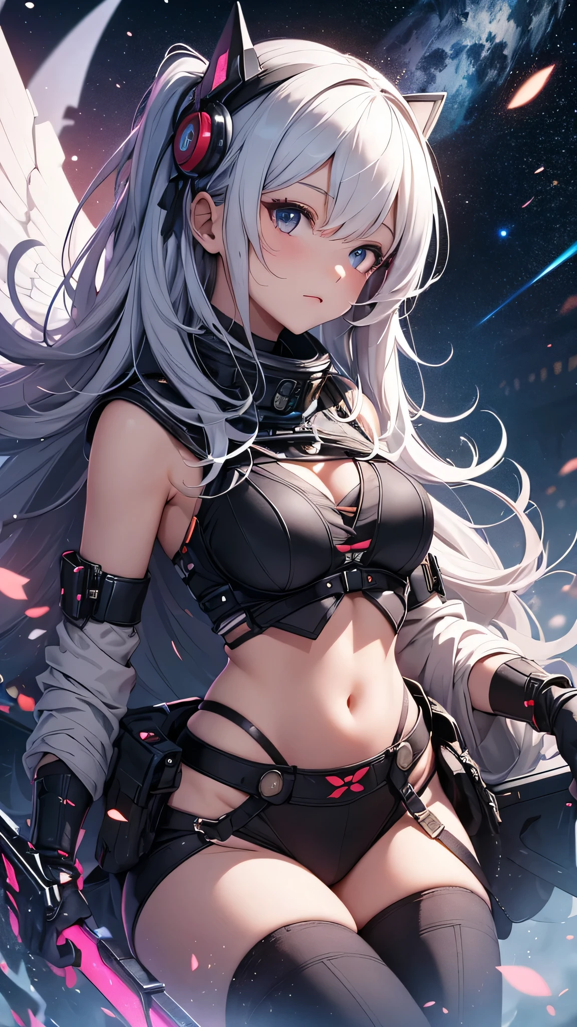 最high quality、best image quality、masterpiece、age girl((18-year-old、 By becoming、vest bust、medium bust,wide open breast tea、black eye, gray hAria、long hAria、thin,highest valley、Black Battlesuit、white arm parts、white leg parts、Holding a big sword、mechanically glowing red wings,Aria、splatters)),high quality、beautiful art、background((outer space、battlefield、splattersing beams、military base))瓦礫がsplatters、Depth of written boundary、movie、visual art、perfect art、8K,genuine