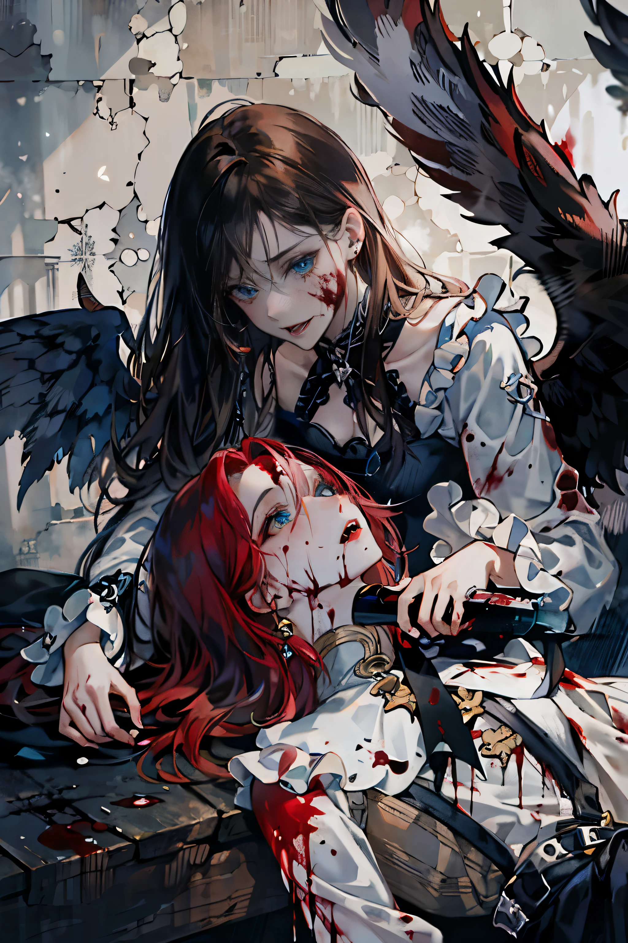 ((best quality)), ((masterpiece)), ((two girls)),Redhead and brunette girl,Hair fluttering,delicate face,good eyes,lifelike, beautiful eyes, mottled light and shadow,Cute action,background,Half body,angels and devils,wing,interaction,blood stains,Gothic·,dark,Sick娇,天使wing,and,blood spatter,homicide,Sick