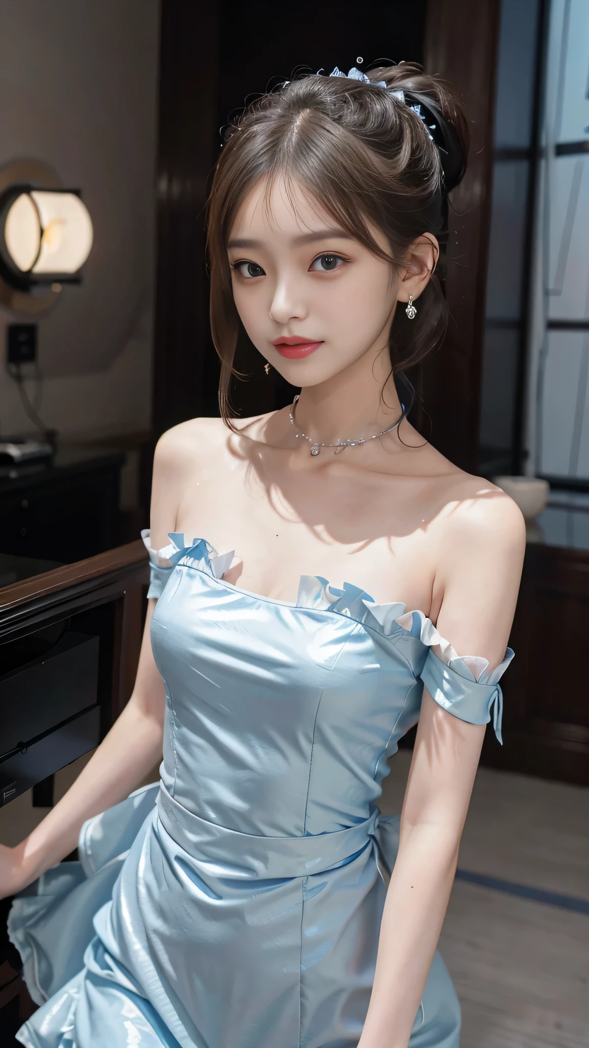 sky blue wedding dress,white mini skirt,kawaii, idol, (sweat:0.7),woman,japanese,exquisite face, beautiful face,bare shoulders,shoulders all exposed,translucent skin,black eyes,black hair,(photorealistic:1.4),realistic details, high resolution,bokeh,outstanding details