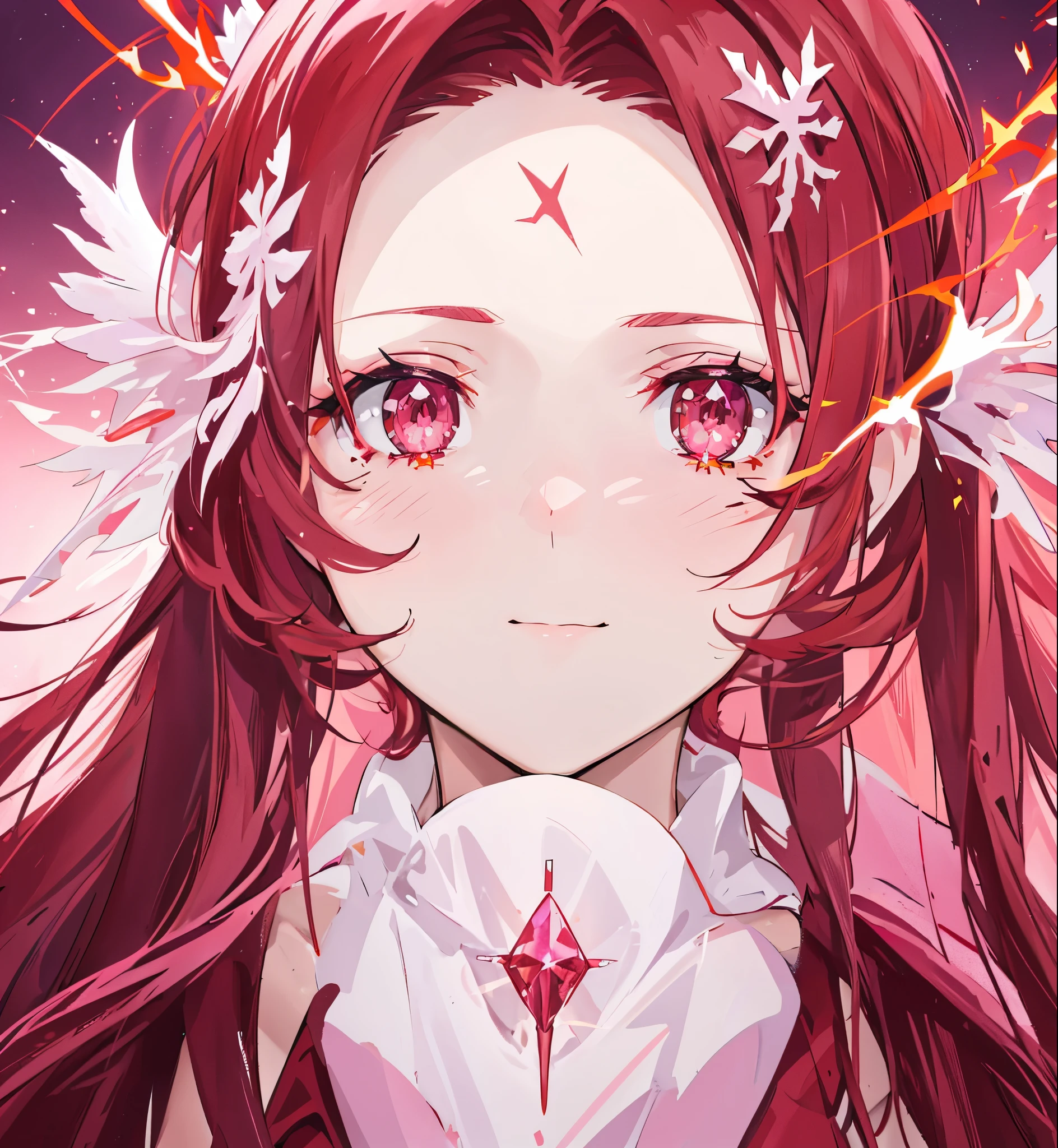 Pink-purple blood-red pupils,Beautiful reddish brown hair,There is a beauty mole,The face is white and tender,Like a phoenix,spark pattern,Red crystal for decoration,Body glowing with orange fluorescence,Looks beautiful,It was stunning