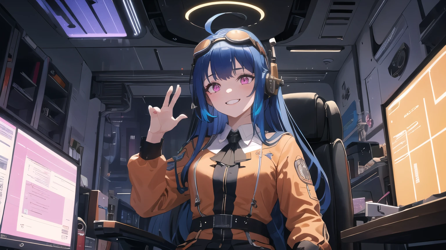 1girl, solo, 25 years old, wearing orange dress(intricate ornamentation), wild violet-blue hair, ahoge, pink eyes(neon glow), goggles on head, grinning, blushing, thick adult body, voluptuous, pale skin(cadaverous complexion), wires extending, wire plugged into neck, wet skin, chiaroscuro, clockwork, steampunk spaceship cockpit, laying on leather pilot seat, from below, cosmic, magic circle on monitors, Goetic formulae on monitors, stars outside, absurdes, high res, ultrasharp, 8k, best quality, masterpiece, looking at viewer, perfect hands, perfect fingers
