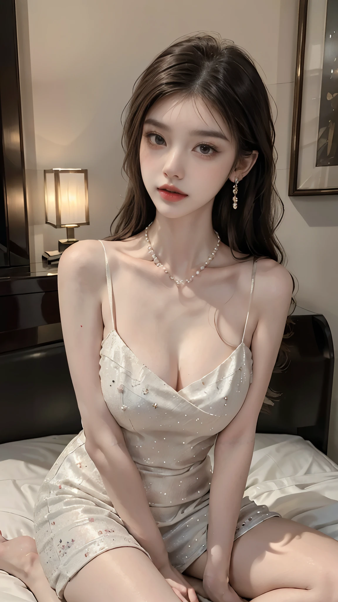 Sweet girl clothes2,pearl necklace,blue dress,flower, ((full body)), 1girl, fashi-girl, red lips, mature female, makeup, (close-up shot, sitting pose, elegant posture, enticing pose, perfect curves, slim, sexy, big breasts, cleavage, beautiful legs, mesmerizing gaze, biting lips, messy long hair, outdoor, simple casual scene, random shooting angle, extremely detailed, ultra-clear, best quality, official art, exquisite earrings, delicate necklace, extremely detailed description, super fine painting, exquisite features)