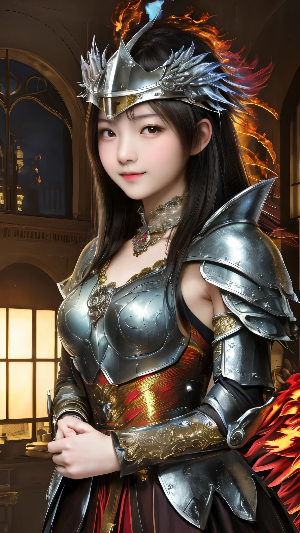 最high quality、high quality、best image quality、8K、最High resolution、High resolution、masterpiece、Raw photo、full body photo、Realistic human body with detailed details、Realistic skin in every detail、Realistic face in every detail、Realistic eyes in every detail、Realistic lips in every detail、Realistic teeth in every detail、Realistic ears with attention to detail、Realistic hair with detailed details、Realistic arms with attention to detail、Realistic hands with attention to detail、Realistic fingers with attention to detail、(fine hands、thumb1reference4)、((beautiful japanese girl))、(japanese model), (japanese woman)、((18 year old beautiful girl))、(black hair)、(straight hair)、((Depiction of the upper body))、((Upward beautiful breasts、Medium chest))、(slim style、slender style)、(Full body glossy skin、Fair skin)、Detailed and realistic human body、detailed realistic skin、detailed realistic face、detailed realistic arms、Detailed realistic fingers、Detailed realistic feet、soft natural light、Interior of a medieval European-style Western-style building、Interior decorated with artwork from the 1690s、 Interior of a 1600s mansion、Classic Bedroom、complex room、Classic interior、((very clear glass、clear tempered glass、glass that allows light to pass through))、((Made of transparent glass(Phoenix Armor))、((Made of transparent glass(phoenix helm))