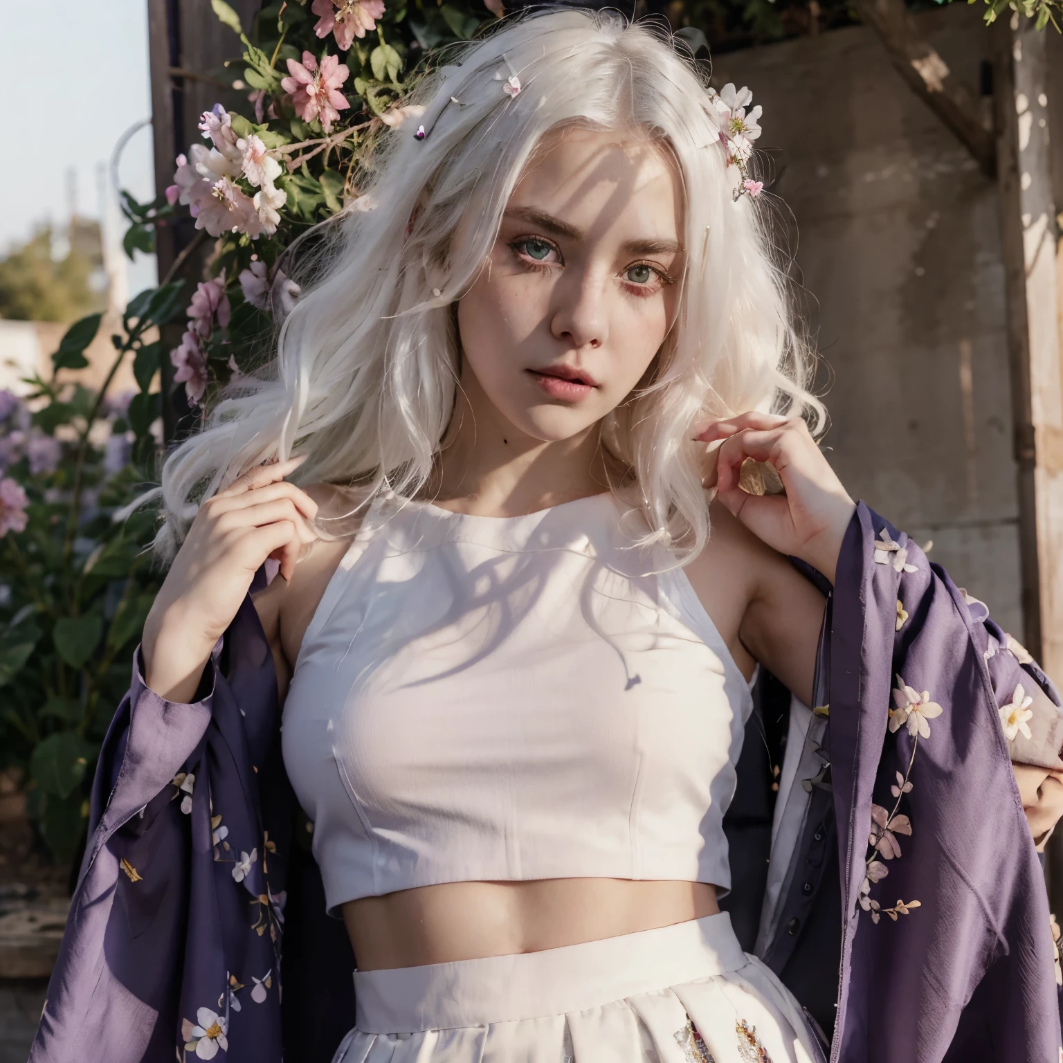 realistic, 1girl, white hair, purple eyes, glowing eyes, crop top, skirt, parted lips, blush, night, flowers, sun, sunlight,