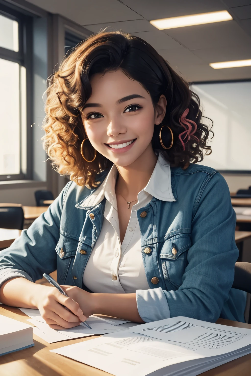 Portrait, photo, a smiling young woman at desk with colorful papers, medium, curly, casual wear, jacket, collared shirt, smile, blurred indoor office or classroom, high resolution, Center Framing, woman centered, eye level, medium shot, front view, Natural lighting, Warm Colors