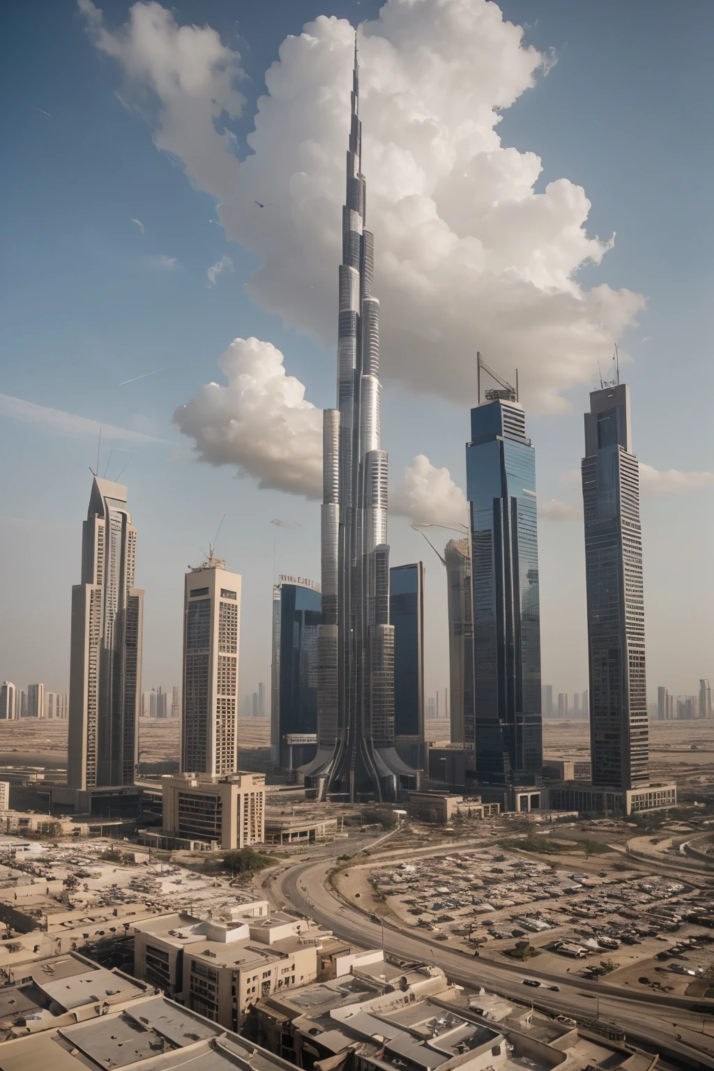 A video of modern Dubai from famouse buildings with dancing clouds in the sky
