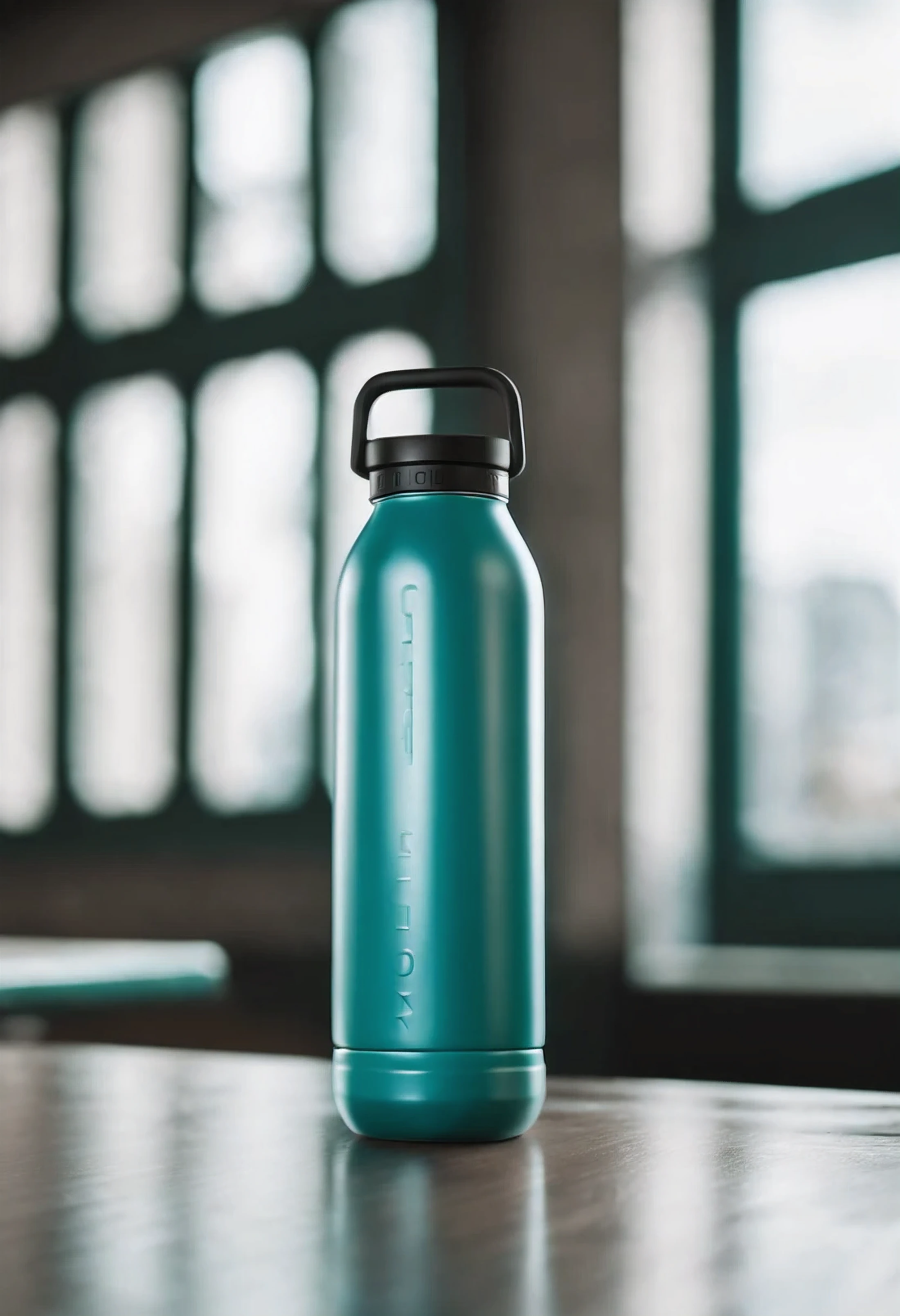 A stylish gym water bottle in teal colour, low angle photography, cinematic, Realistic