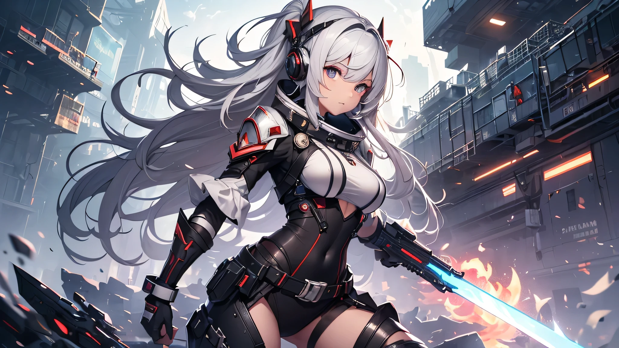 最high quality、best image quality、masterpiece、age girl((18-year-old、 By becoming、vest bust、medium bust,wide open breast tea、black eye, gray hAria、long hAria、thin,highest valley、Black Battlesuit、white arm parts、white leg parts、Holding a big sword、Glowing red wings,Aria、splatters、fighting pose)),high quality、beautiful art、background((outer space、battlefield、splattersing beams、military base))瓦礫がsplatters、Depth of written boundary、movie、visual art、perfect art、8K,genuine