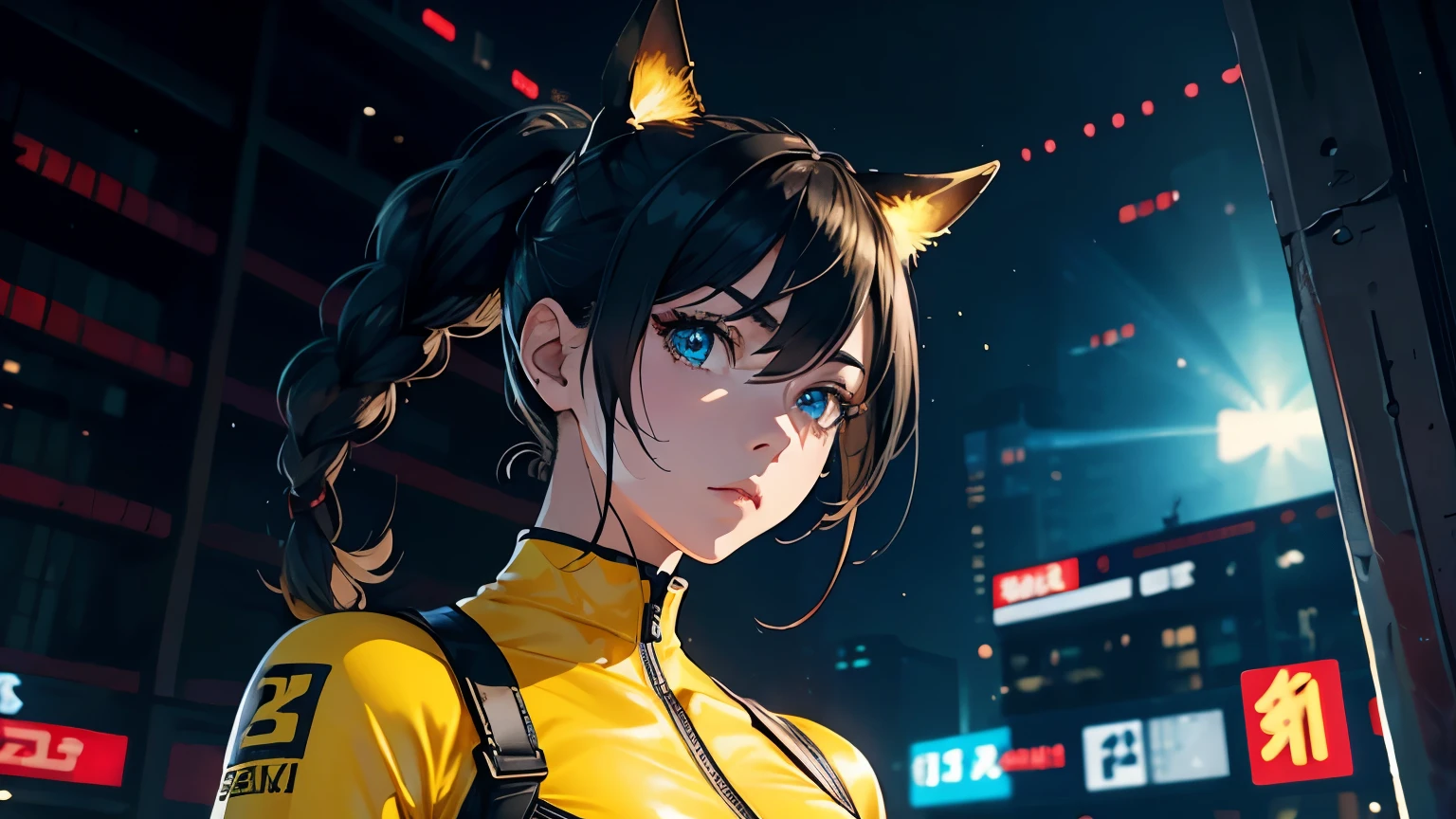 4K, A high resolution, Best quality at best, masterpiece, perfect colors, perfect shadow, perfect litthing, ((sportrait)), 1woman, fit-muscled body, bright yellow eyes,dark blue hair , blue eyes, With round lenses, The audience watched carefully, (s face: 1.2), Perfect female figure, ((standing)), ((yellow Tight crop top leather suit)), ((shy and looking at viewert)), (Perfect thick white eyebrows) Delicate fur, 详细s face, s the perfect face, At a fantasy cyberpunk city , (model pose standing), energetic background, perfect city skyscape, lighting atmosphere, ((Bonifasko lighting)), (The round lenses on his eyes)(詳細な目), Perfect student, face close up