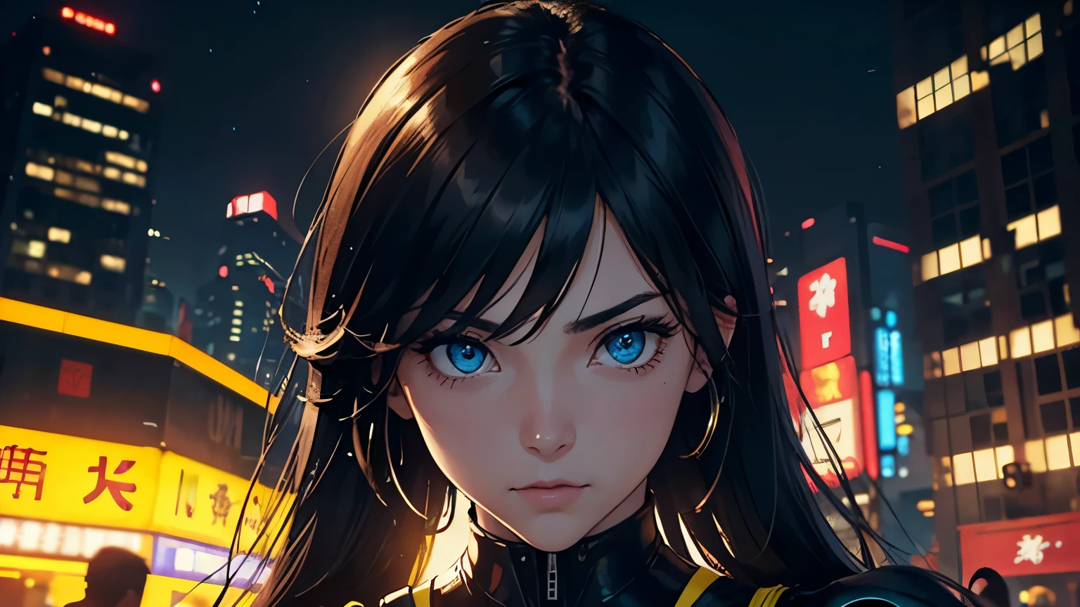 4K, A high resolution, Best quality at best, masterpiece, perfect colors, perfect shadow, perfect litthing, ((sportrait)), 1woman, fit-muscled body, bright yellow eyes,dark blue hair , blue eyes, With round lenses, The audience watched carefully, (s face: 1.2), Perfect female figure, ((standing)), ((yellow Tight crop top leather suit)), ((shy and looking at viewert)), (Perfect thick white eyebrows) Delicate fur, 详细s face, s the perfect face, At a fantasy cyberpunk city , (model pose standing), energetic background, perfect city skyscape, lighting atmosphere, ((Bonifasko lighting)), (The round lenses on his eyes)(詳細な目), Perfect student, face close up