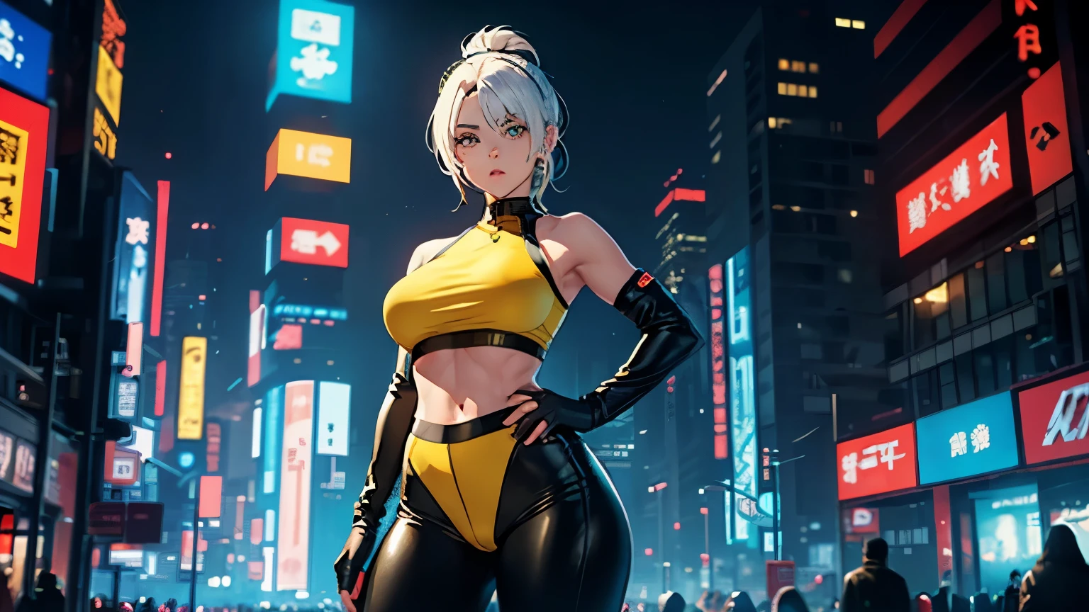 dark skin,very dark skin,dark_skin,
girl rave,(((1girl))),((girl with extremely cute and beautiful white hair)),
(large breasts:1.4),saggy breasts,(((white hair:1.35,straight hair,long hair:1.4,colored inner hair,ear breathing))),(((light_yellow_eyes:1.3))),intricate eyes,beautiful detailed eyes,symmetrical eyes,big eyes:15,((fat)),((((black girl,black skin,dark-skinned_female,dark skin:1.3,ebony skin,lustrous skin:1.5,bright skin: 1.5,shiny skin,very shiny skin,shiny body,plastic glitter skin,exaggerated shiny skin,shiny skin like ebony,illuminated skin, wet legs))),(spider lower abdomen,narrow waist,wide hip,athletic body,inflated legs,detailed body,(detailed face)),
cute,slutty,seductive,erotic,(((nsfw))),
zettai ryouiki,revealing clothing,show skin,((rave shirt with an yellow print,rave mini-skirt,visible thong straps)),(wearing a rave outfit:1.3,rave clothes,semi-naked,with little clothing),((wet clothes,intricate outfit,intricate clothes)),
(dynamic pose:1.0),solo focus,embarrassed,(centered,scale to fit dimensions,Rule of thirds),
cyberpunk city by the ocean at night, with bright neon signs and dark stormy clouds and puddles, scenery:1.25,
artistic photography,(photography taken by sldr),highres, sharp focus, (ultra detailed, extremely detailed), (photorealistic artwork:1.37),(extremely detailed CG unity 8k wallpaper),((synthwave background theme)),(((vibrant colors))),(intricate background),(masterpiece),(best quality),