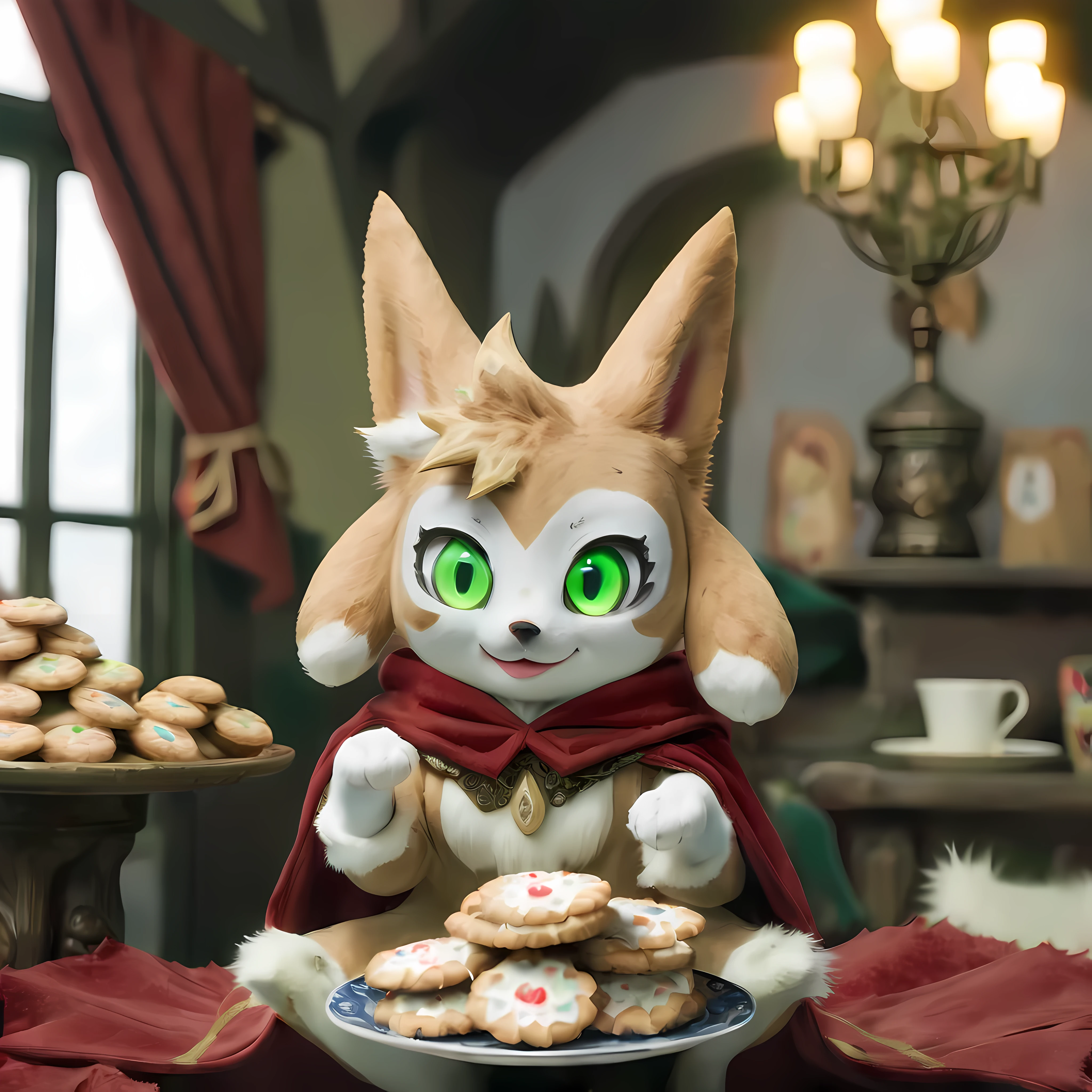 Masterpiece in maximum 16K resolution. | (close up front view:1.3), vxypwld style, cute vixy from palworld, big green eyes, beige and white fur, big fluffy tail, chest tuft, sitting on the small stool and ((holding a plate of cookies)), wearing a dark (red cloak), looking directly at the viewer, medieval house room. | ((More_Detail))